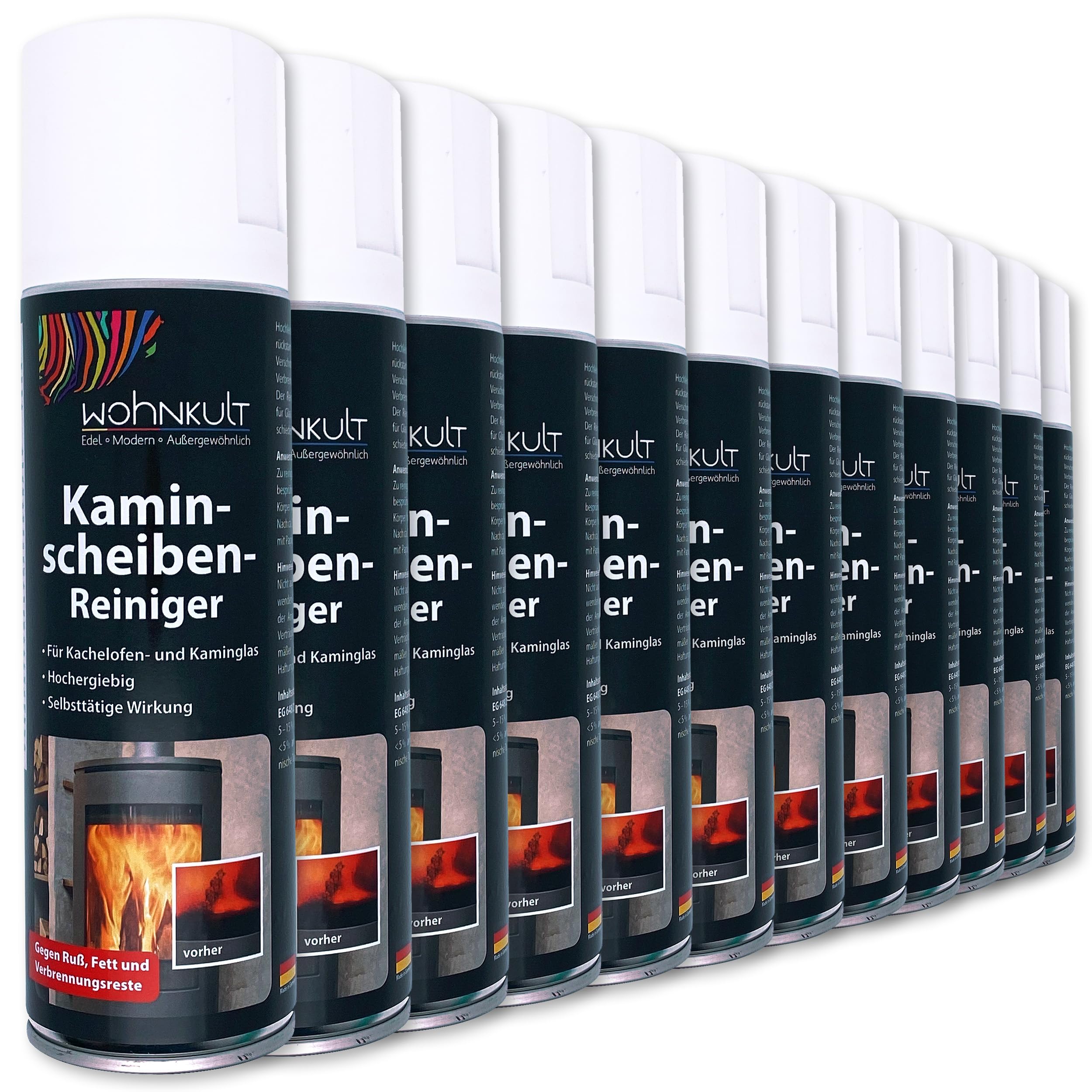Wohnkult 12 x 300 ml limpiador de discos de chimenea para estufa de azulejos de cristal de chimenea de alto rendimiento