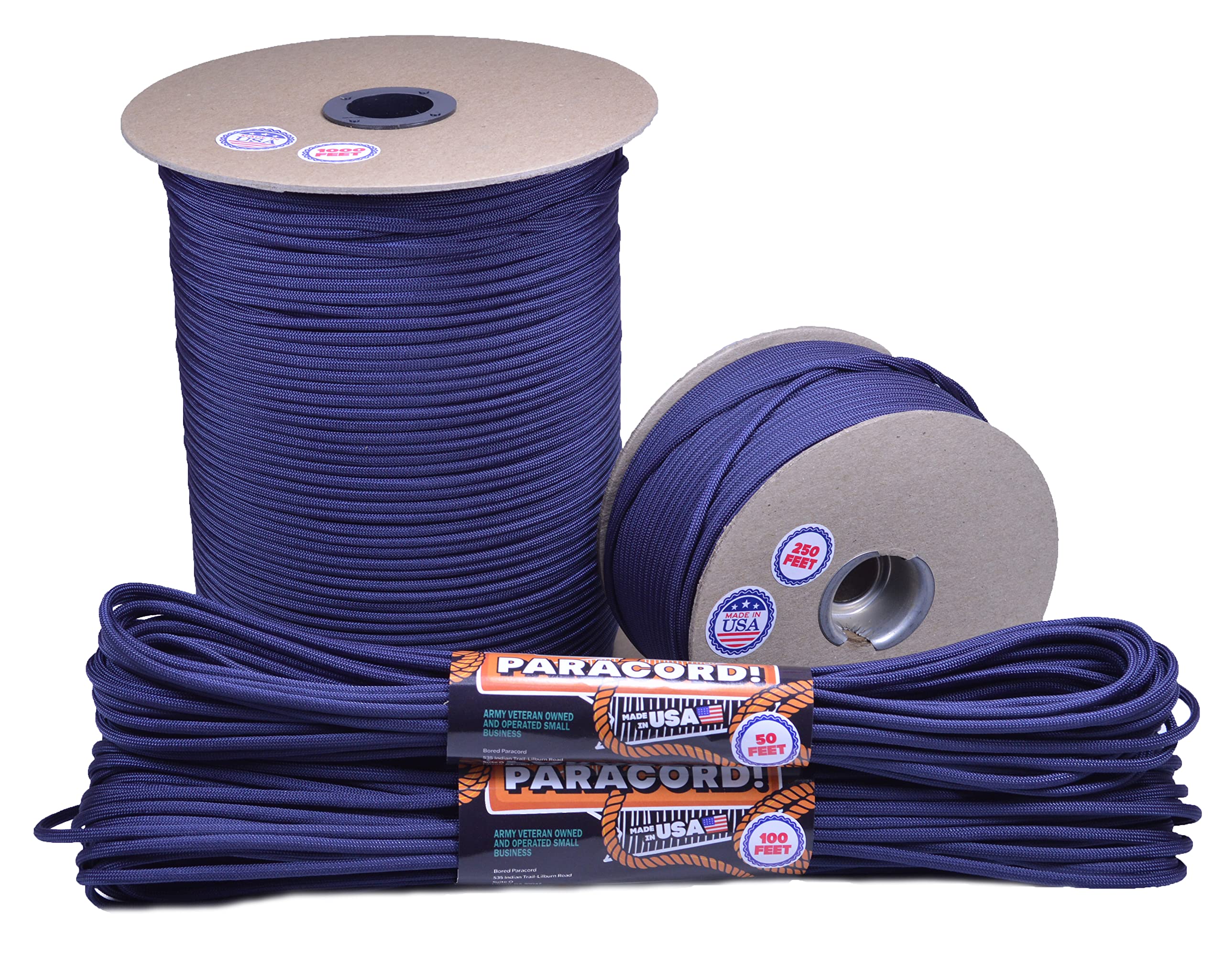 Bored Paracord - 1', 10', 25', 50', 100' Hanks & 250', 1000' Spools of Parachute 550 Cord Type III 7 Strand Paracord Well Over 300 Colors - FS Navy -