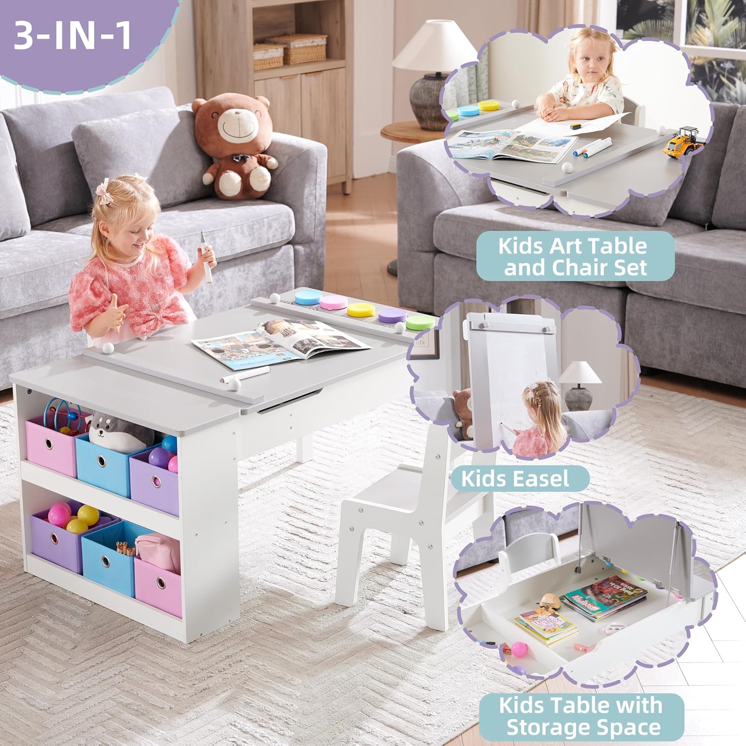 Kids Art Table and Art Easel Table & 2 Chair Set, 2 in 1 Toddler Craft and Play Wood Activity Table with Storage Bins and Paper Roll (Grey & White)