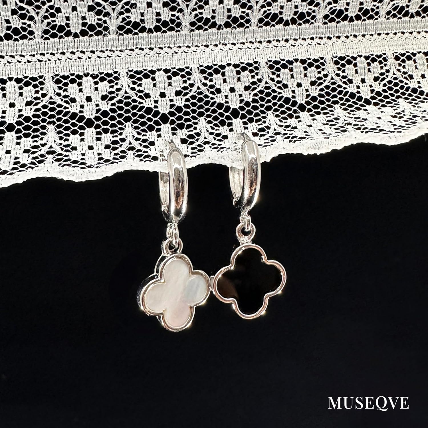 Four Leaf Clover Dangle Earrings for Women • 14K Gold Plated White Mother of Pearl/Black Onyx/CZ Diamond Lucky Clover Charm Drop Huggie Hoops Earrings [CVRE] - Image 4