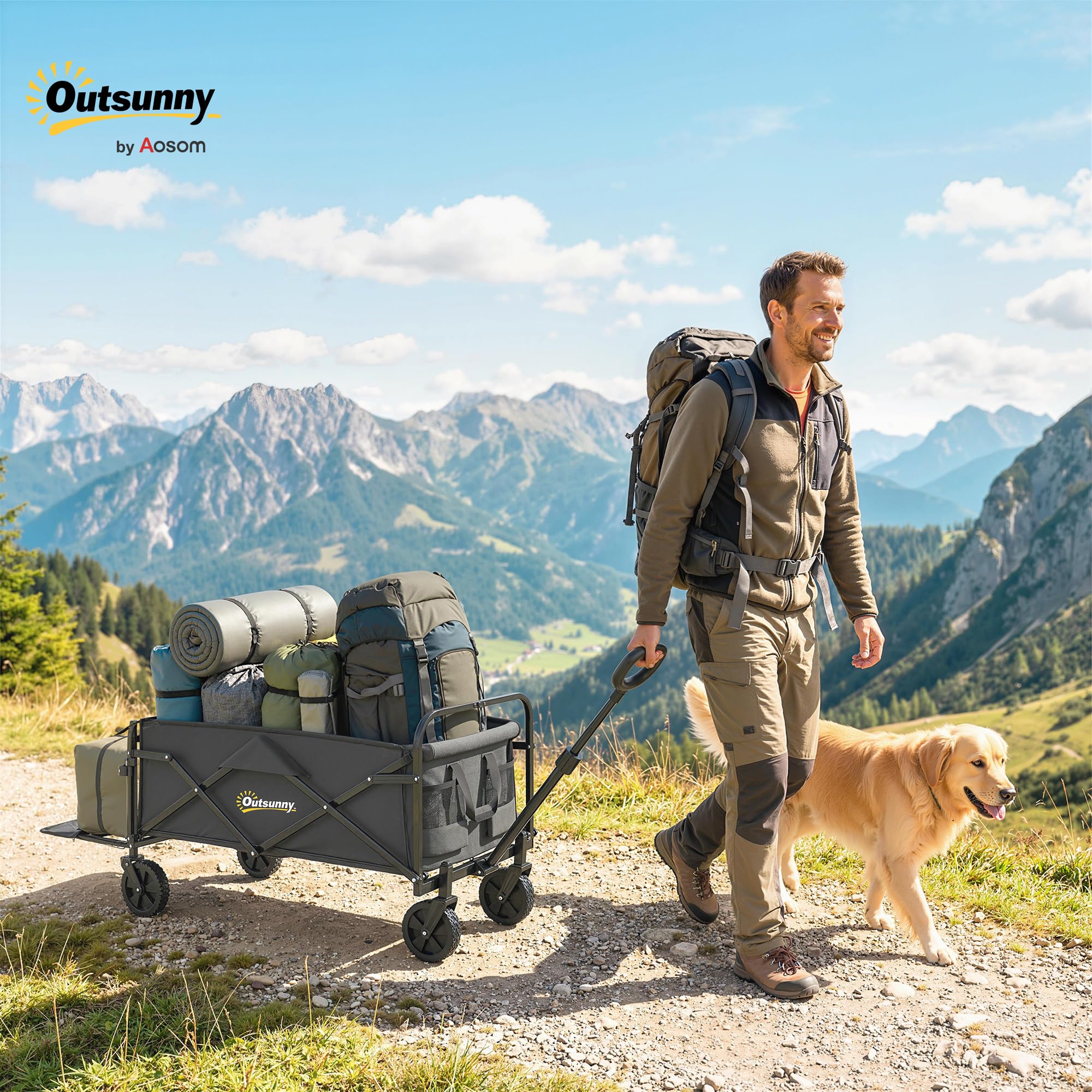 Outsunny Carrello da Giardino Pieghevole 72L con 4 Ruote, Carrello da Campeggio in Tessuto Oxford con Borsa da Trasporto e Maniglia Regolabile per Picnic, Spiaggia e Pesca, Nero