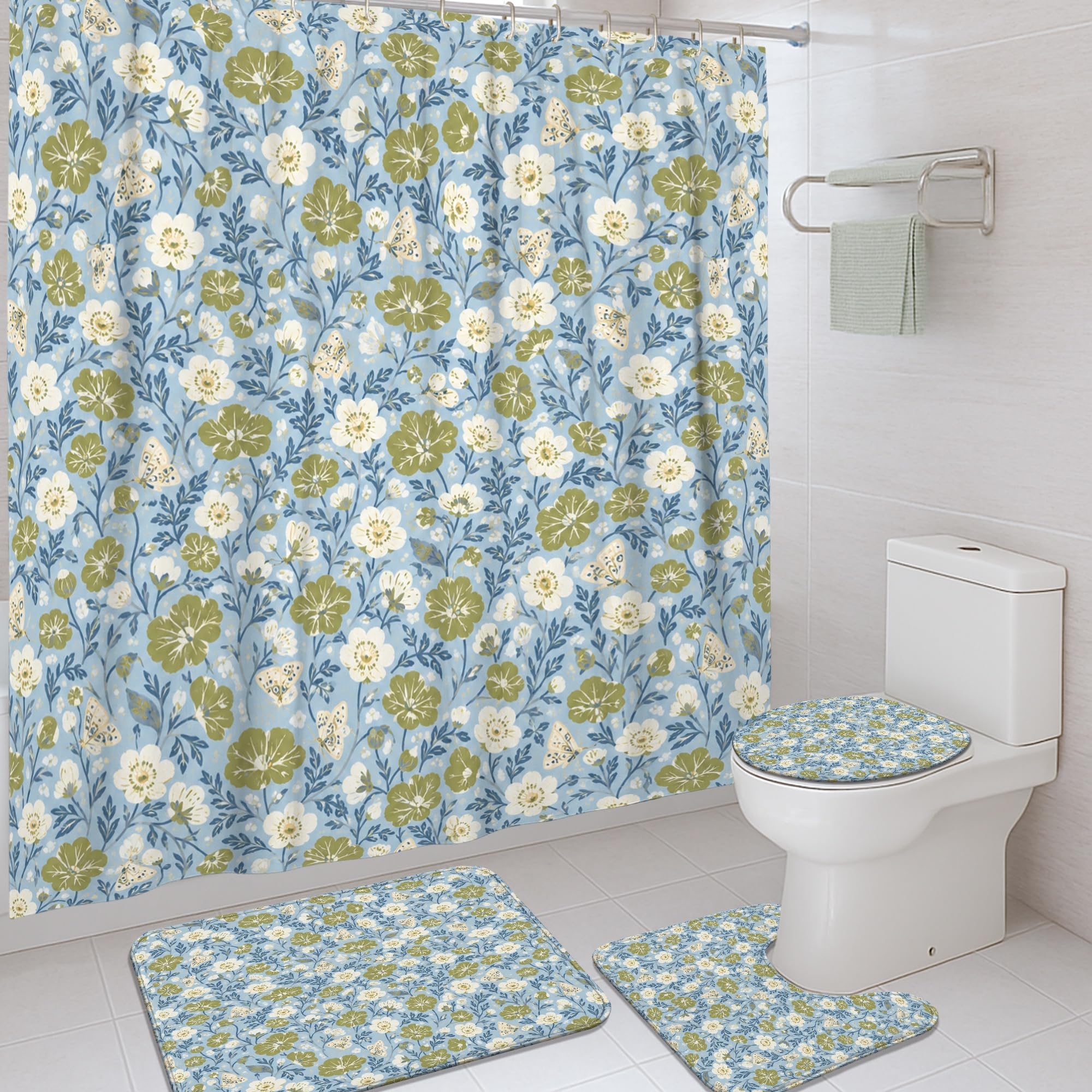 Rideau de douche avec crochets anti-éclaboussures style floral bleu