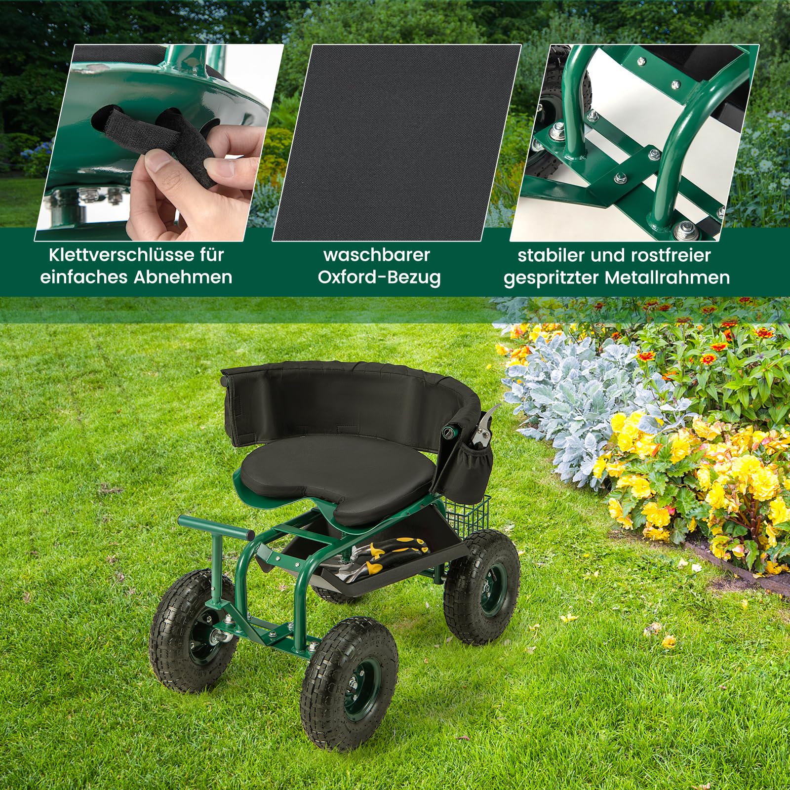 COSTWAY Rollsitz mit Rollen, 360 ° drehbar | höhenverstellbar, mobiler Gartensitz mit Lenkgriff & Korb & Ablage & Sitzkissen, Gartenhocker bis 150 kg, Gartenrollsitz Metall für Gartenarbeit, Grün