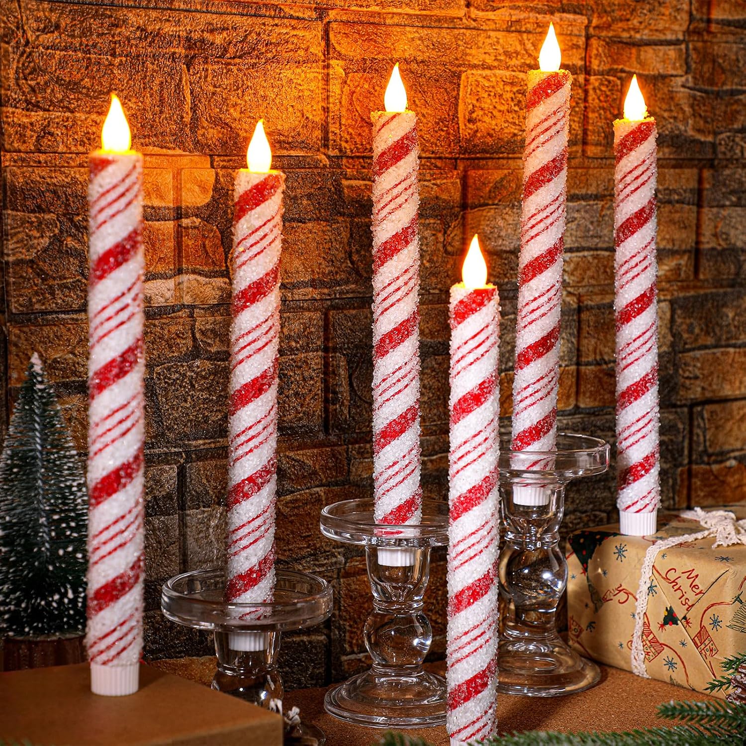 Baquler 6 Pcs Christmas Flameless Taper Candles 10.6 Inch Sea Salt Candy Cane Candles Battery Operated LED Christmas Candlesticks for Xmas Centerpiece Holiday Party Decor Sea Salt Style