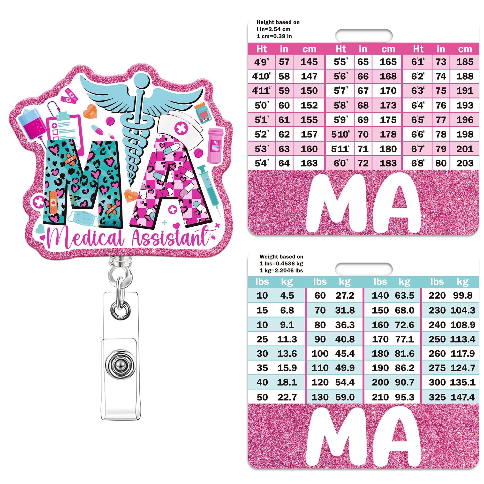 MA Badge Reel Retractable with Buddy - Medical Assistant Badge Reel, Pink Glitter Nurse ID Badge with Alligator Clip, MA Nursing Gifts Work Conversion