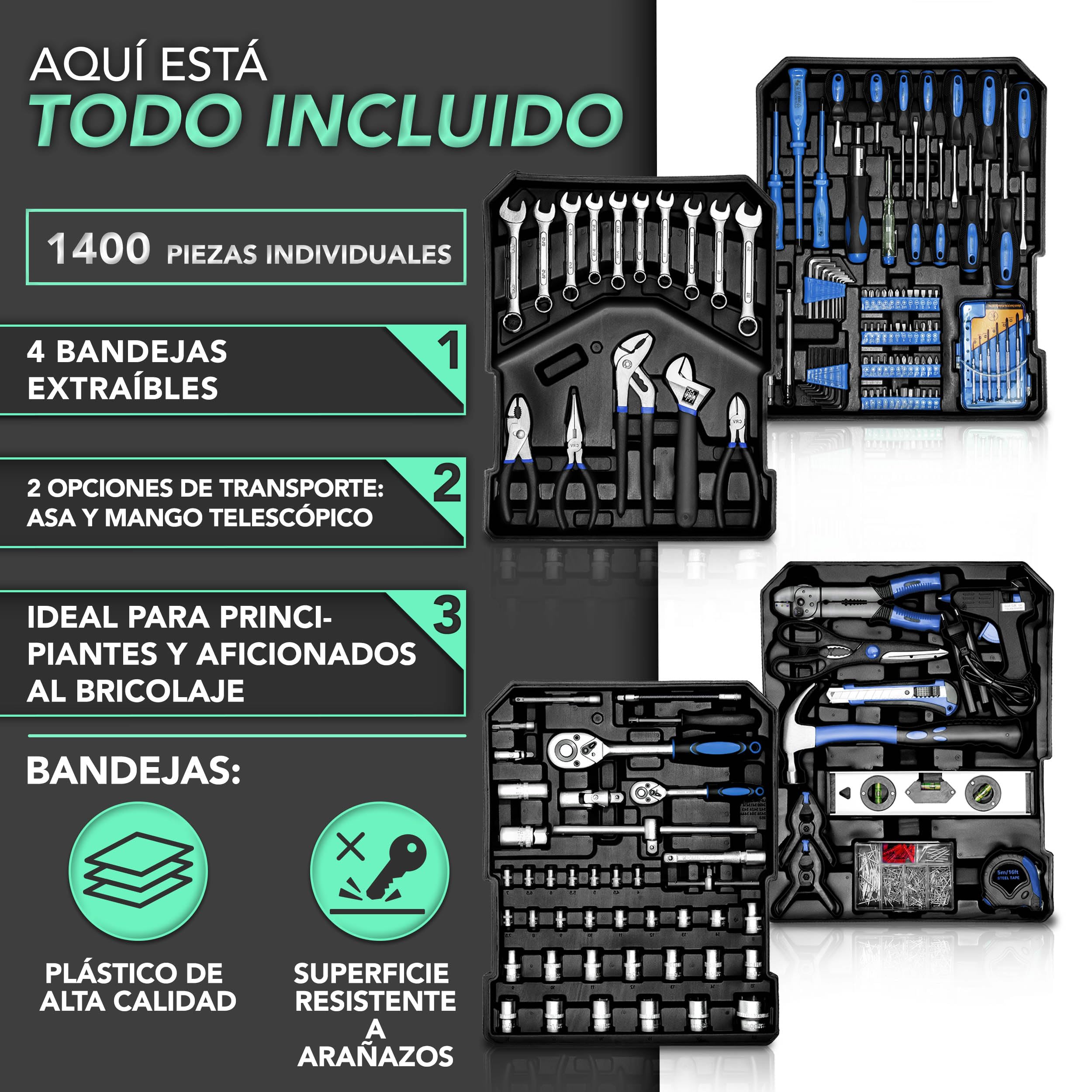 TRESKO® Maletín de Herramientas 1400 Piezas | Portaherramientas Portátil | Set/Caja con herramientas | Maleta de Cromo Vanadio y Acero (Azul)
