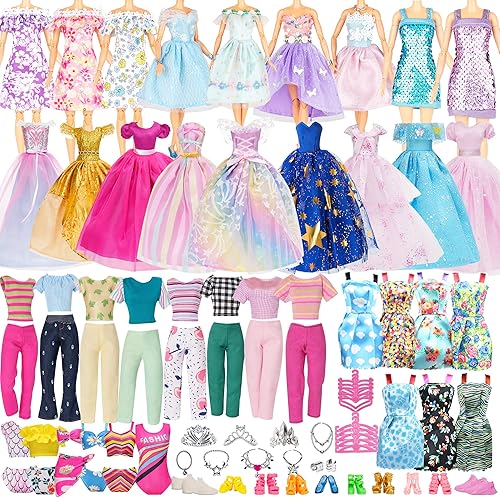 Miniatura 1 de Ropa y accesorios para muñecas 59P - 3 vestidos de novia, 5 vestidos de moda, 4 tops y pantalones, 10 faldas de tirantes, 3 trajes de baño de