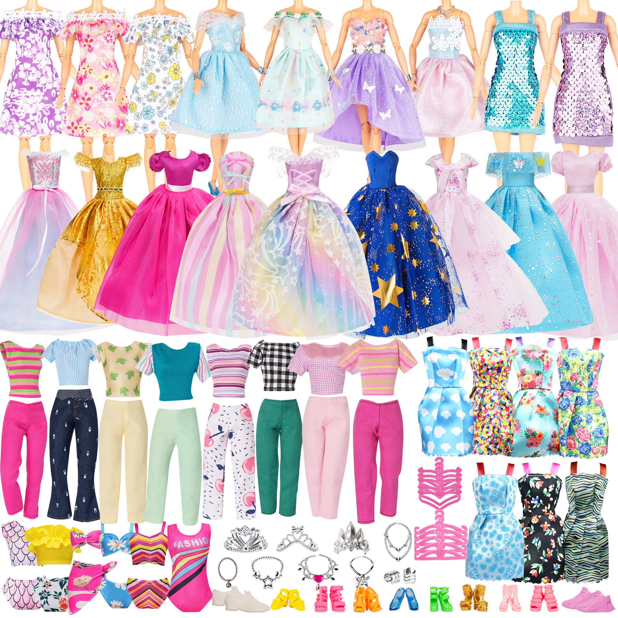 Doll Clothes and Accessories 59P - 3 Wedding Gown Dresses, 5 Fashion Dresses, 4 Tops and Pants, 10 Braces Skirts, 3 Bikini Swimsuits, 10 Pairs of Shoes, 20 Accessories for Girls