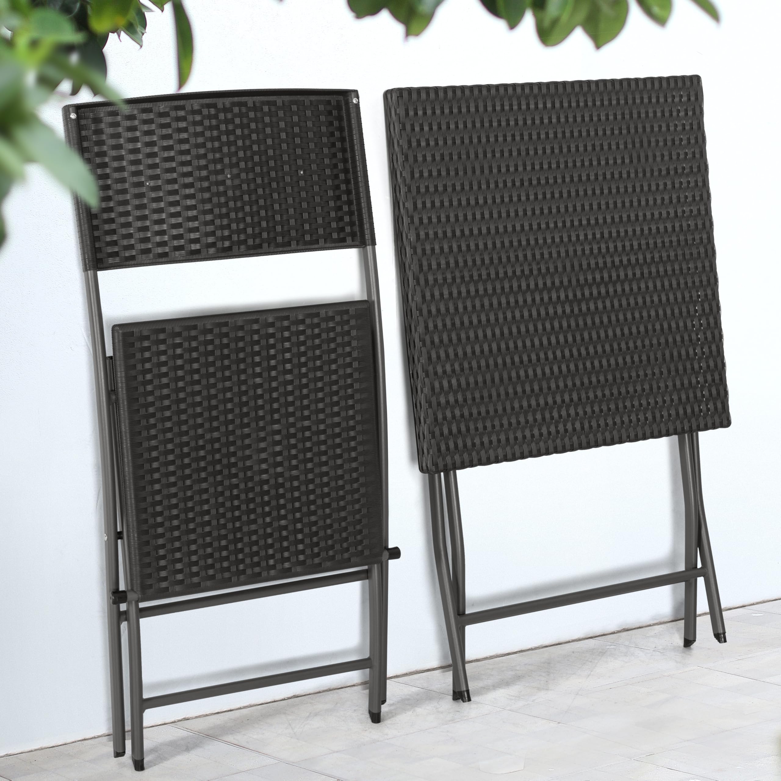 Avestar Ensemble de Bistrot Pliable 3 Pièces Table & 2 Chaises en Rotin PP, Résistant aux Intempéries, Noir