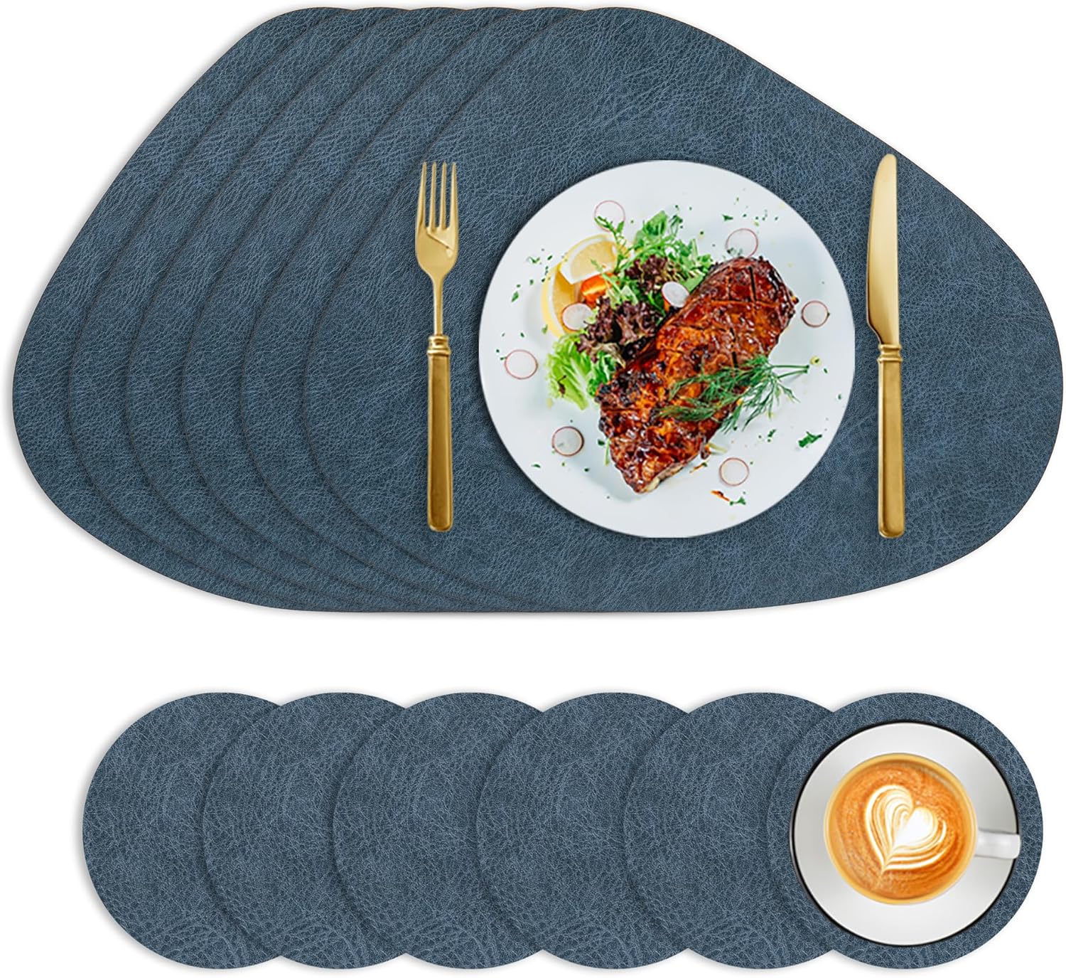 Leather Placemats+Coasters Set of 6 Heat Resistant Waterproof Oil-Proof Wipeable Leather Dining Table Mat for Party Kitchen Restaurant Decoration (Blue)