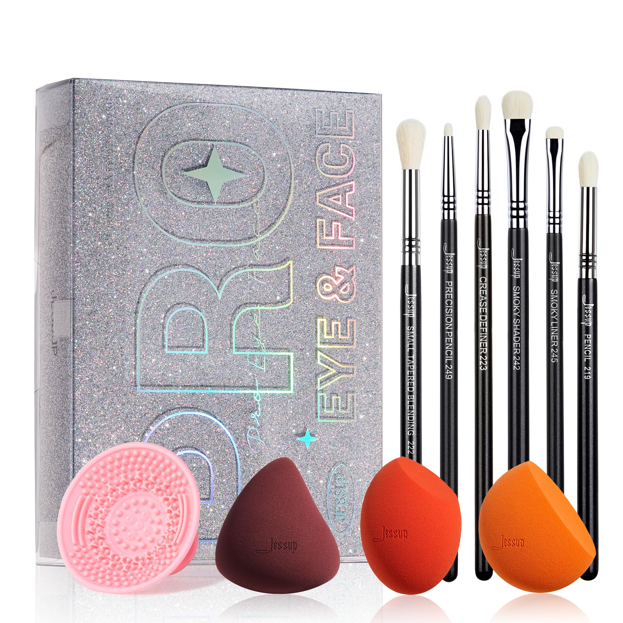 Jessup Makeup Sponge Set 3pcs Eyeshadow Brush Set 6pcs Makeup Brush Cleaner Mat and Makeup Box with Mirror
