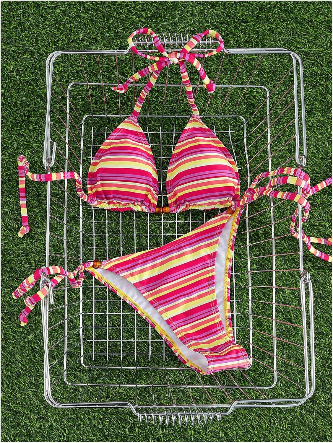 MakeMeChic Women's Striped Triangle Thong Micro Bikini Sets Halter Swimsuits Bathing Suit