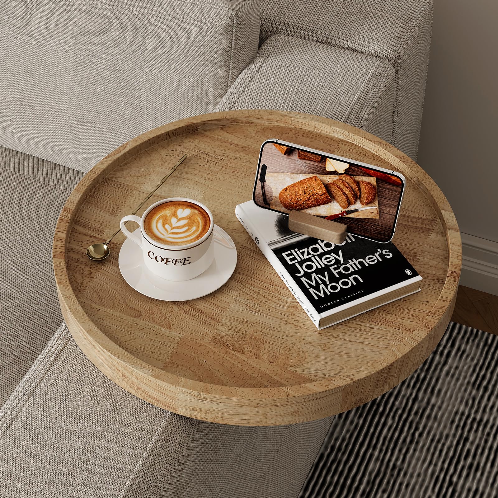 Wooden Couch Arm Adjustable Sofa Arm Table with Phone  Holder,Round Wooden Chair Arm Table Sofa Armrest Tray for Thin Wide  Couches