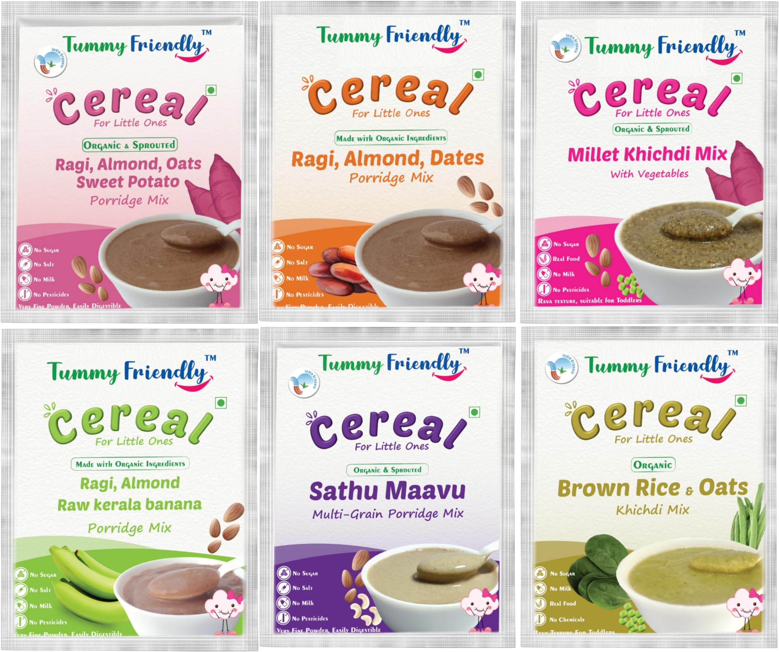 TummyFriendly Foods Certified Organic Baby Food For Toddlers, 1 Year plus | Baby Cereal 12 to 24 months. 1 year baby food best products for Breakfast, Lunch, Dinner options. 12 Month Shelf-life | 6 Trial Packs, 50g Each