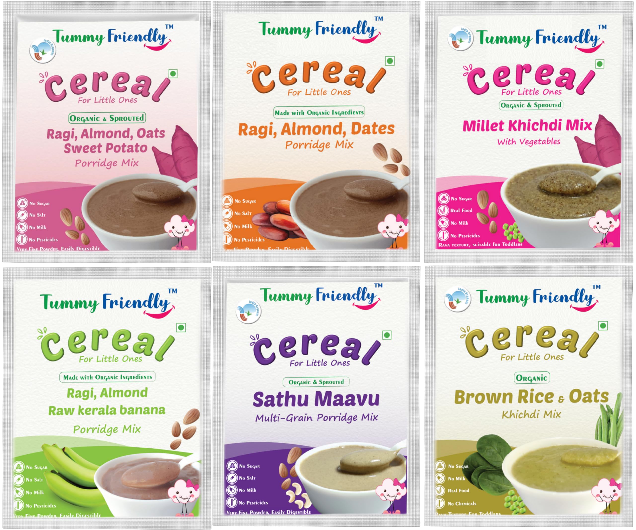 TummyFriendly Foods Certified Organic Baby Food For Toddlers, 1 Year plus | Baby Cereal 12 to 24 months. 1 year baby food best products for Breakfast, Lunch, Dinner options. 12 Month Shelf-life | 6 Trial Packs, 50g Each