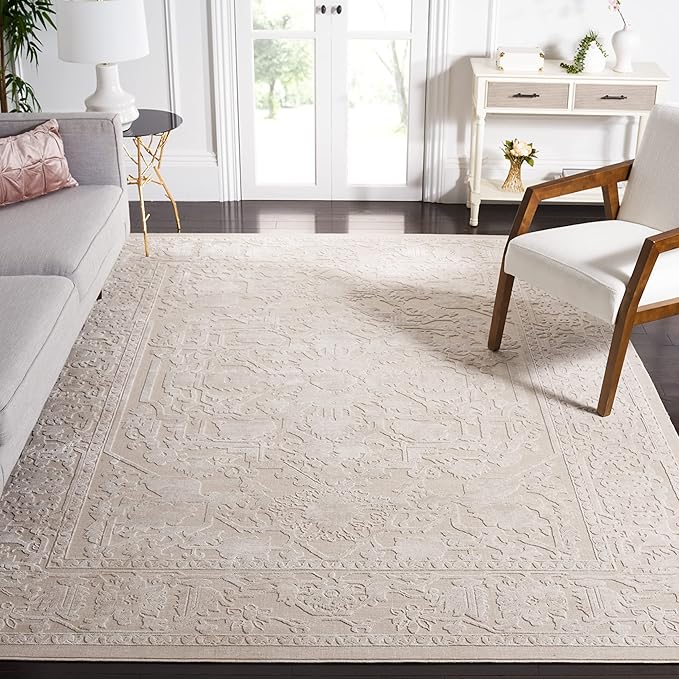 SAFAVIEH Reflection Collection Area Rug - 9' x 12', Creme & Ivory, Boho Tribal Distressed Design, Non-Shedding & Easy Care, Ideal for High Traffic Areas in Living Room, Bedroom (RFT665D)