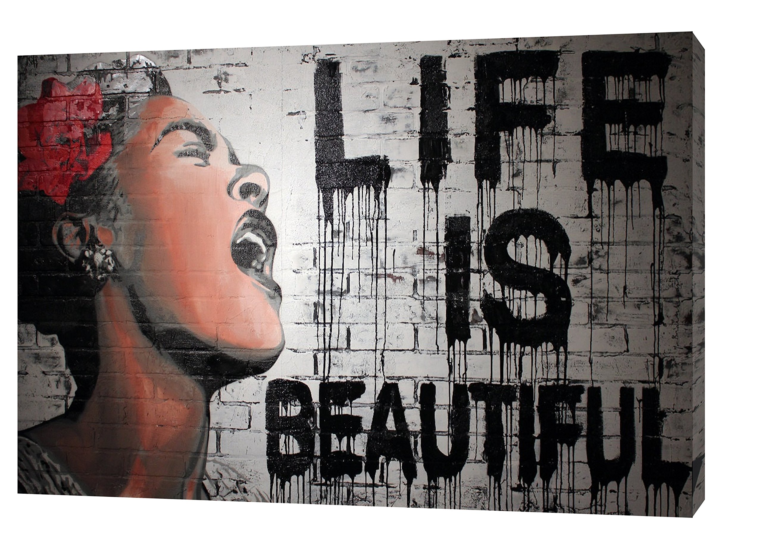 Artsprints White Banksy Graffiti Life Is Beautiful Print On Wood Framed Canvas Wall Art 12X 8Inch -18Mm Depth
