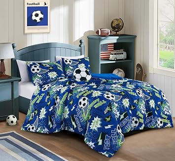 Chezmoi Collection 4-Piece Kids Football Soccer Bedding Comforter Set Full/Queen Size - Soft Microfiber Blue Green Black White Printed Football Soccer Sports for Kids/Teens