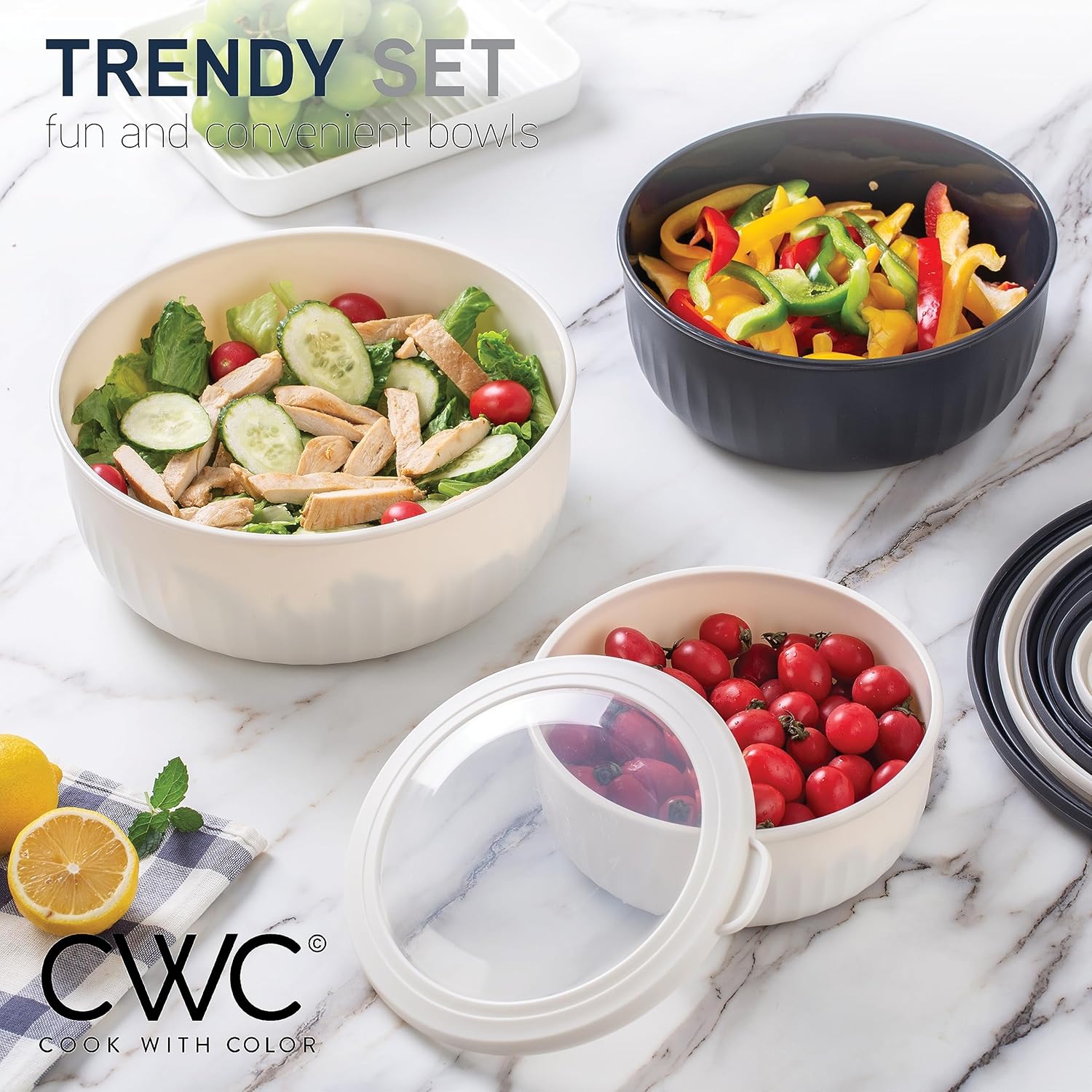 COOK WITH COLOR Prep Bowls with Lids- Wide and Deep Nesting Plastic Small Mixing Bowl Set with Lids, 12 Piece Set - Wide Bowls, Speckled Black - Image 2