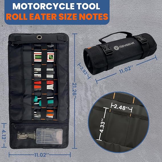 Tool Roll Organizer with Stand-up Baffle,1680D PVC Motorcycle Tool Roll Bag, Heavy duty Wrench Roll with Mesh Zipper Pocket,Roll Up Tool Bag for Motorcycle, Car, Pickup, ATV/UTV, Bicycle or Hobbyist