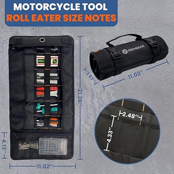 Tool Roll Organizer with Stand-up Baffle,1680D PVC Motorcycle Tool Roll Bag, Heavy duty Wrench Roll with Mesh Zipper Pocket,Roll Up Tool Bag for Motorcycle, Car, Pickup, ATV/UTV, Bicycle or Hobbyist
