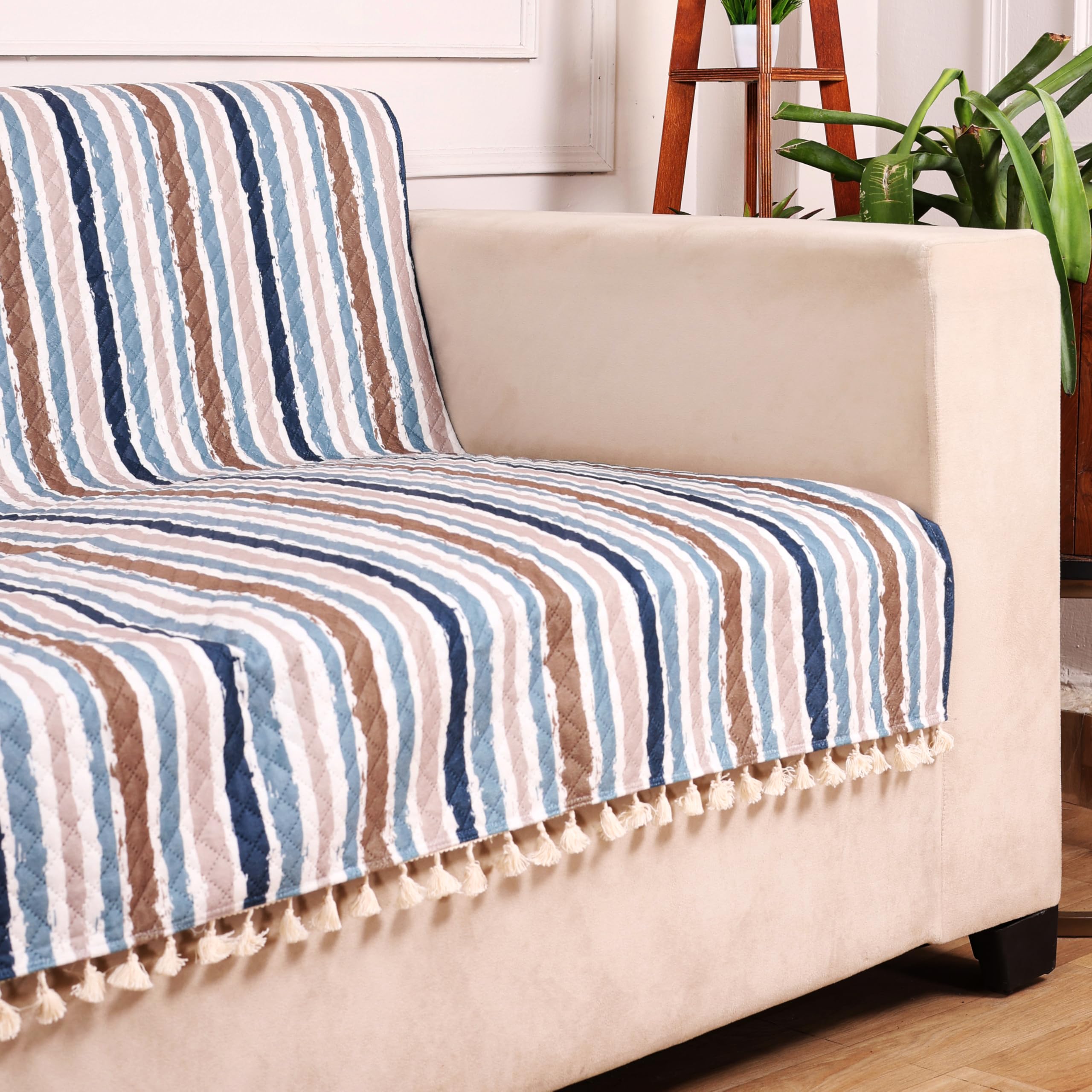 STITCHNEST Quilted Velvet Sofa Cover with Tassels – 24x60 Inch, Blue & Beige Striped Pattern, Soft & Modern, Washable Sofa Protector for 1-Seater