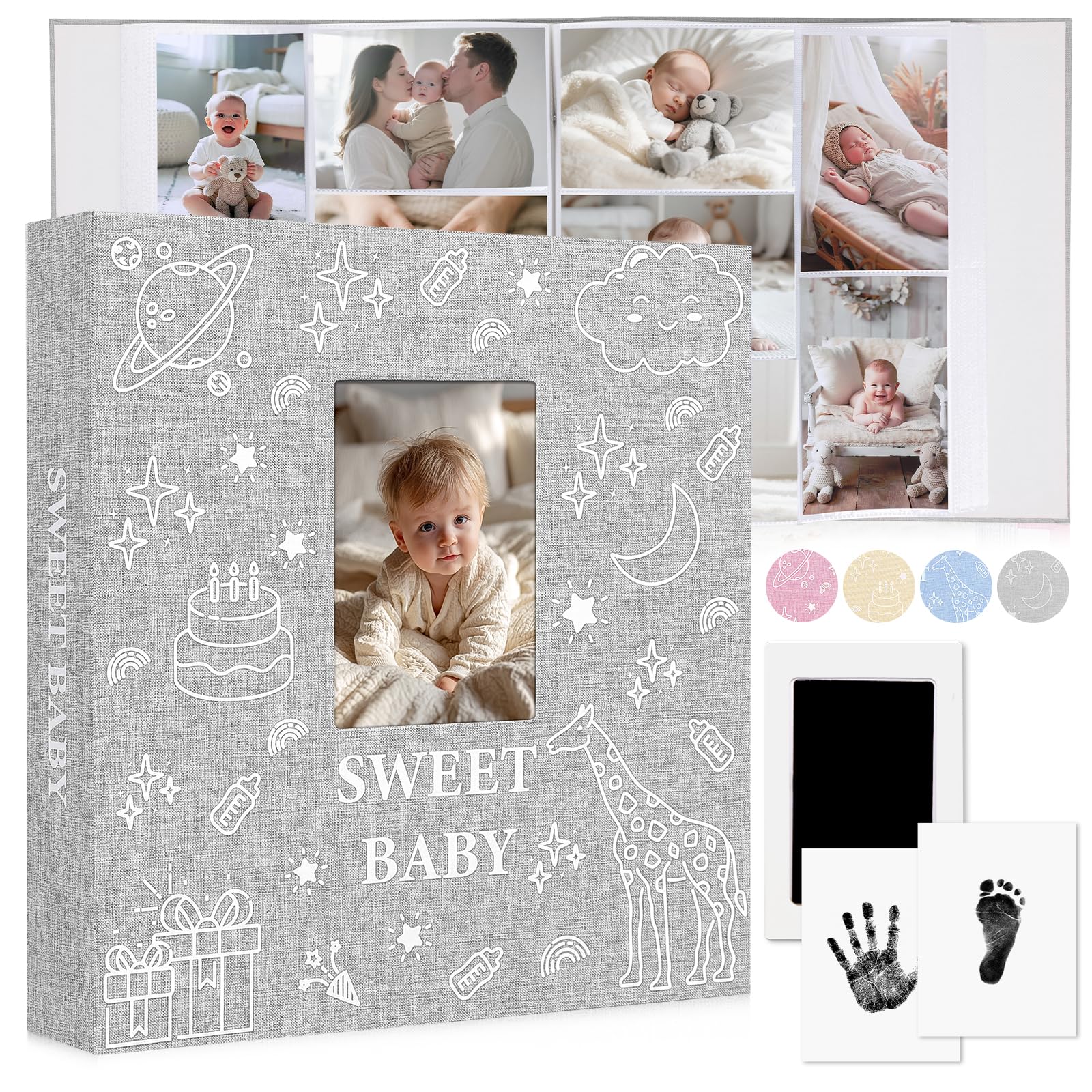 EARLY MINDS Baby Photo Album 10 x 15 600 Pockets with Memo Area & Hand and Footprint Kit, Linen Cover, Slip-in Memory Book with Front Window, Acid Free for Newborn Boys and Girls