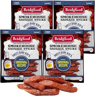 Bridgford Sweet Baby Ray’s Smokehouse Sausage Sticks Original 5 oz Pack of 4 - Made with Beef & Pork - Gluten Free High Protein Summer Sausage Beef Snack - Smoked - Ready-to-Eat for Any Adventure