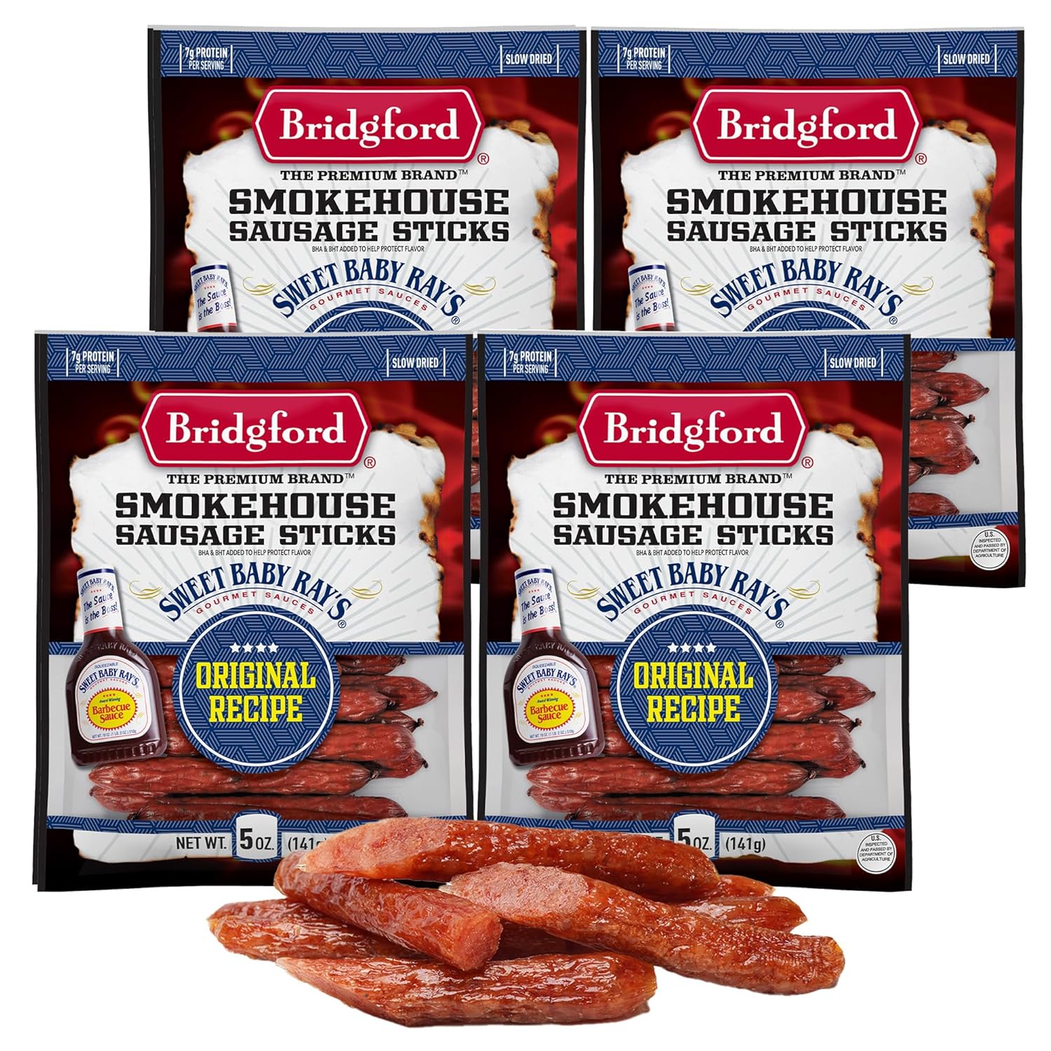 Bridgford Sweet Baby Ray’s Smokehouse Sausage Sticks Original 5 oz Pack of 4 - Made with Beef & Pork - Gluten Free High Protein Summer Sausage Beef Snack - Smoked - Ready-to-Eat for Any Adventure
