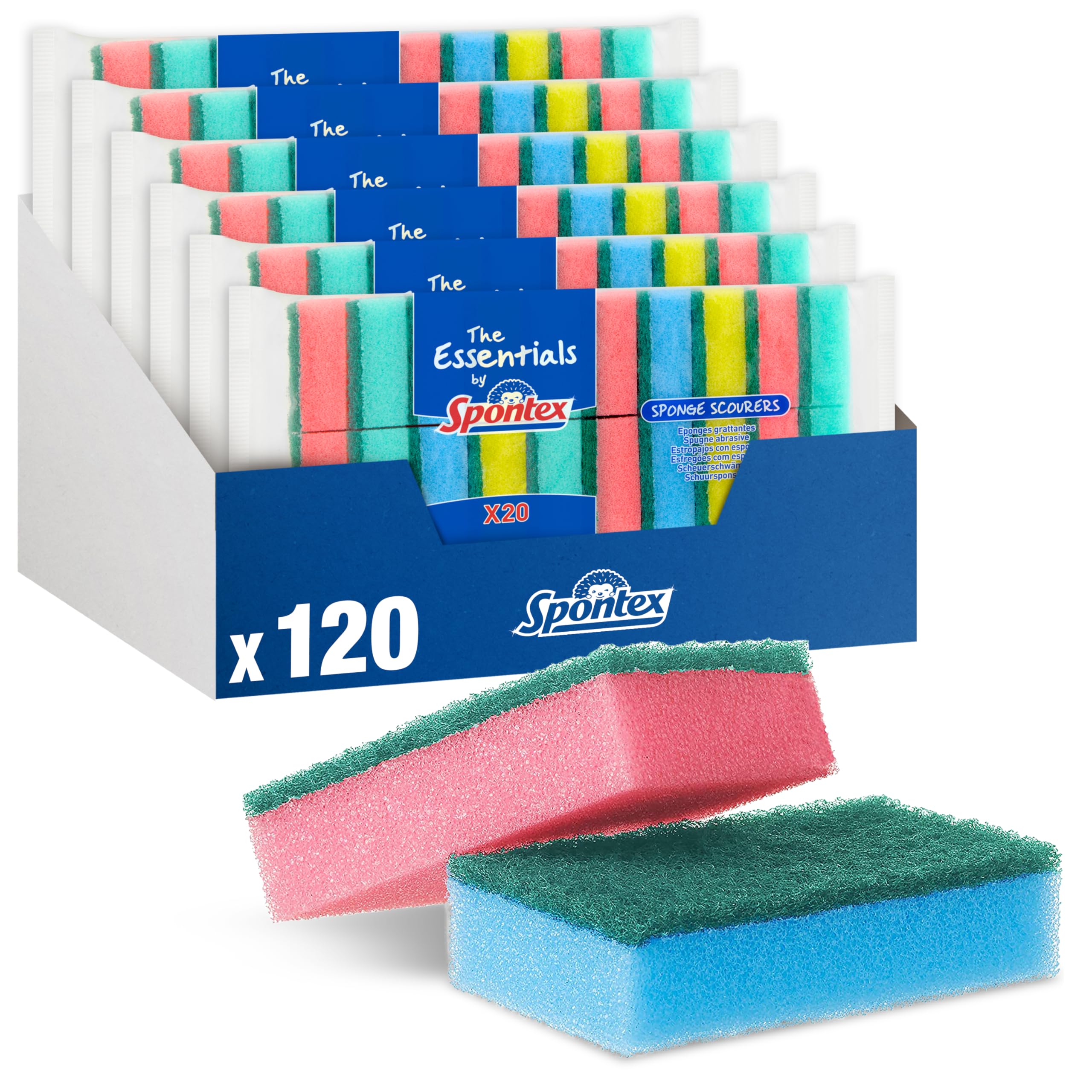 Spontex The Essentials Washing Up Sponge Scourers | Hard Wearing & Versatile | 6 x 20 Pack (120 Total)