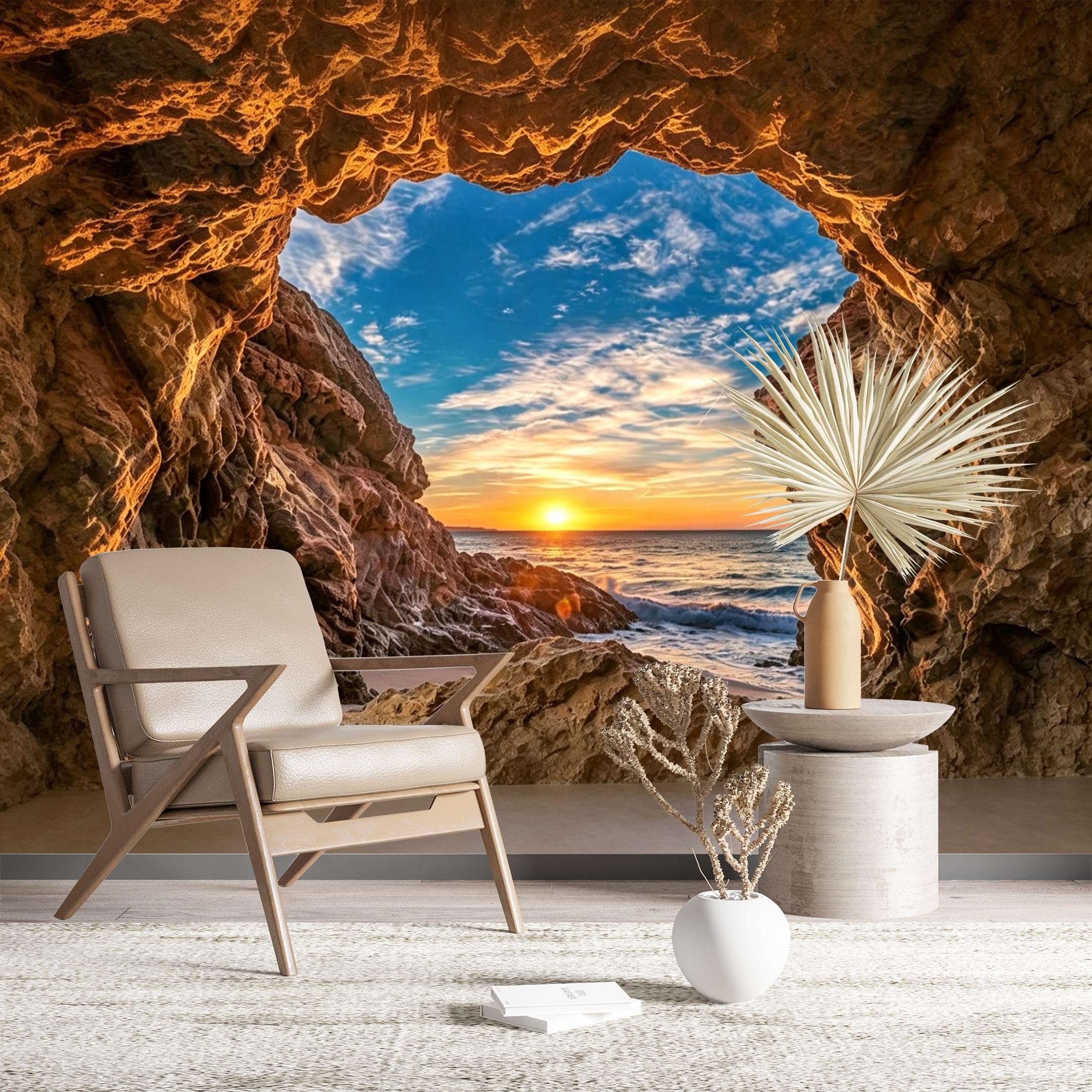 Custom Size Wall Murals Sunset Ocean View Through Heart-Shaped Cave Opening HD Self-Adhesive Wall Fabric (NO PVC) Removable Wallpaper for Living Room Bedroom