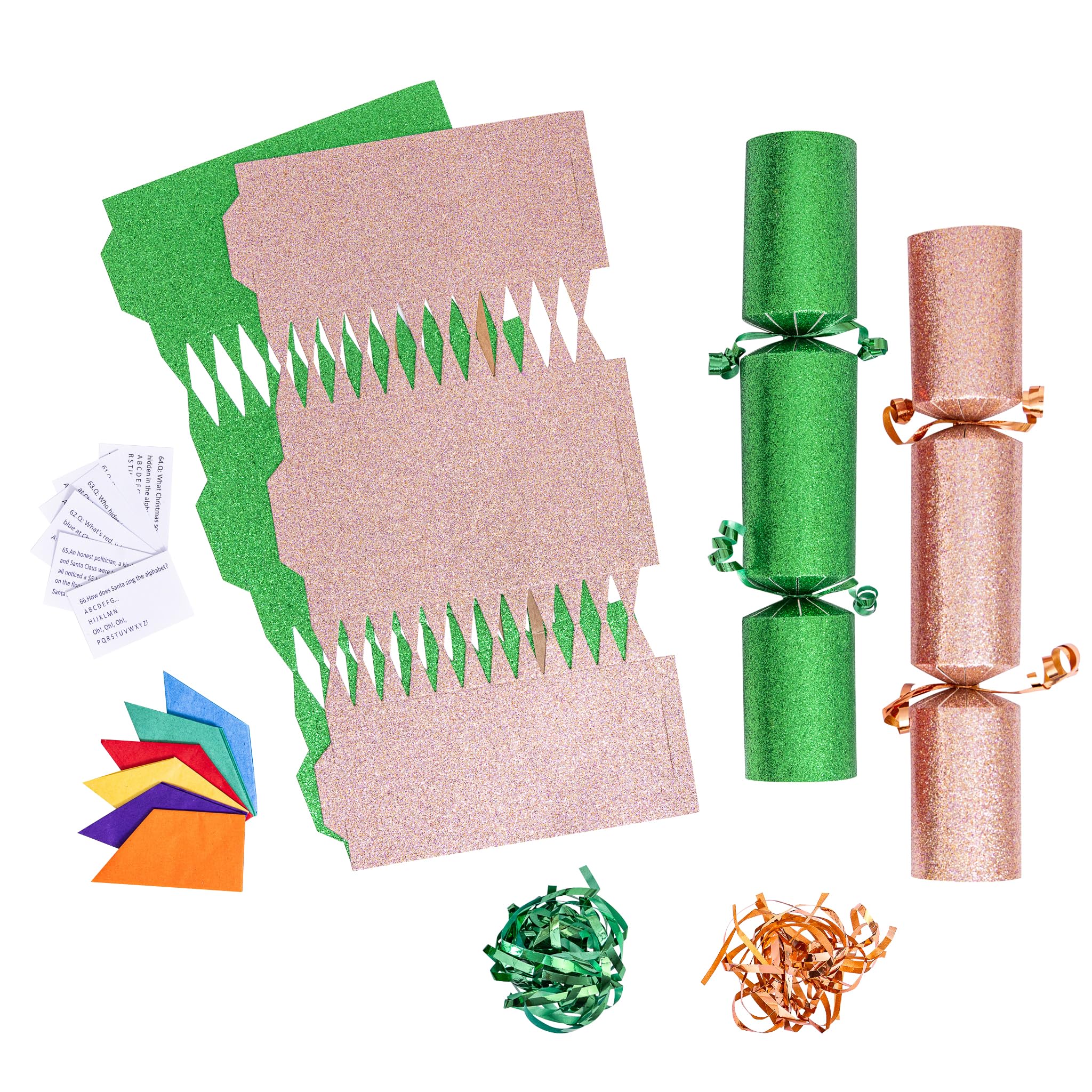 evelay 12 Make Your Own Christmas Cracker Kit DIY Rose Gold & Green Glitter Crackers Hats Snaps Jokes (Rose Gold, Green)