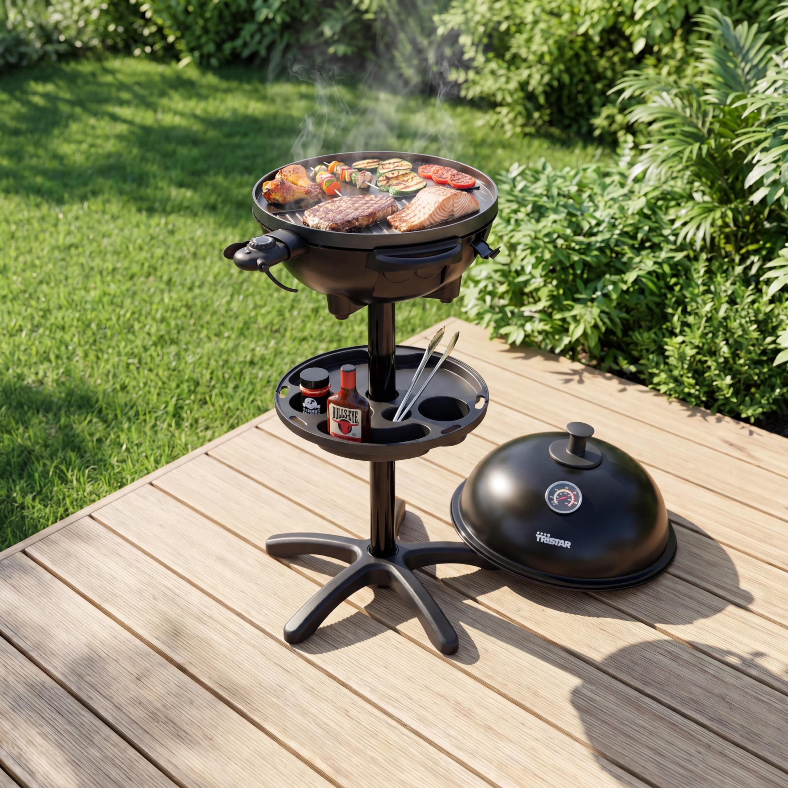 Tristar BQ-2885 elektryczny grill ze stojakiem, płyta grillowa 41 cm, 2200 W, może być również stosowany jako grill stołowy, pokrywa z termometrem i regulowanym termostatem