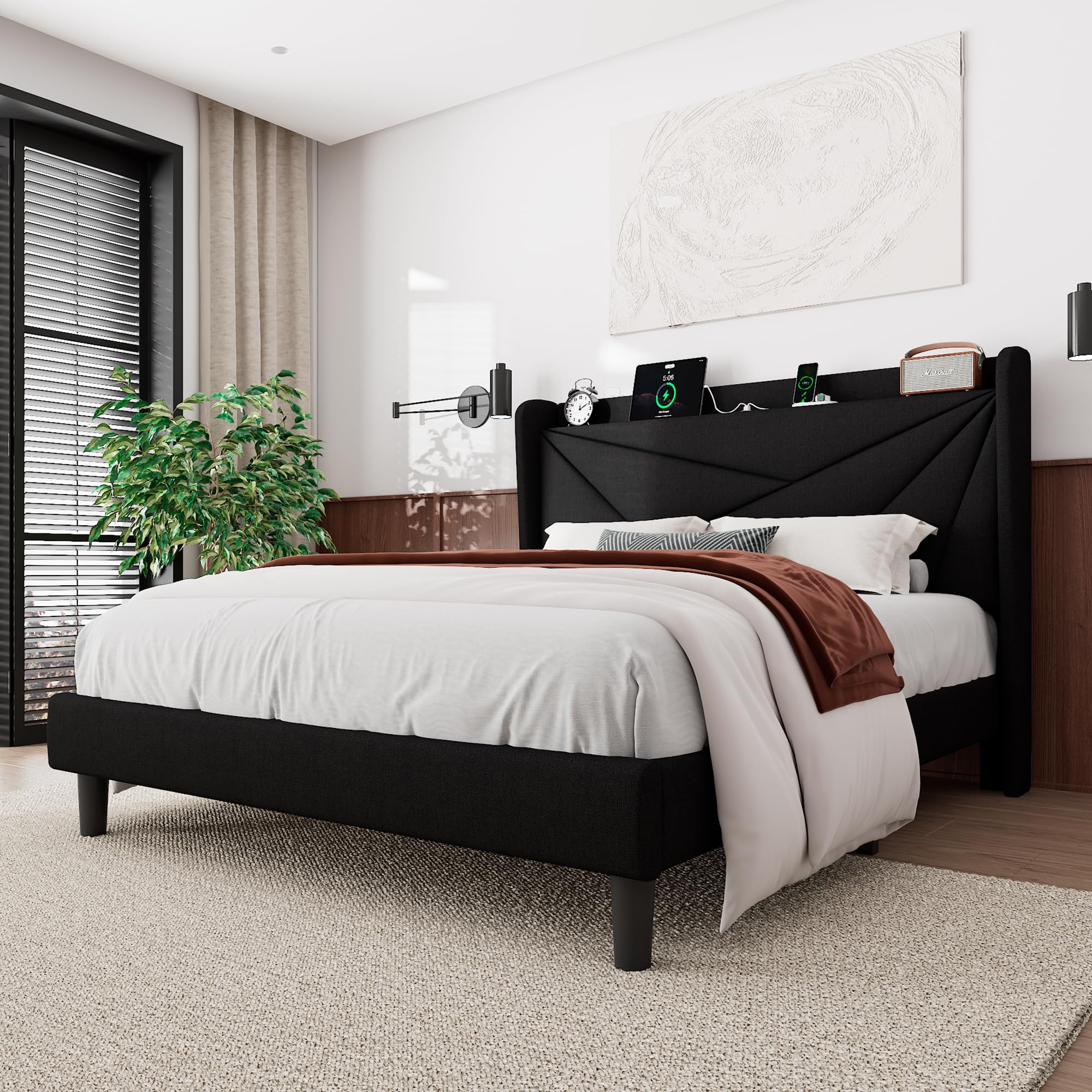 Feonase Queen Size Bed Frame with Charging Station, Linen Upholstered Platform Bed Frame with Wingback Storage Headboard, Solid Wood Slats Support, No Box Spring Needed, Noise Free, Black