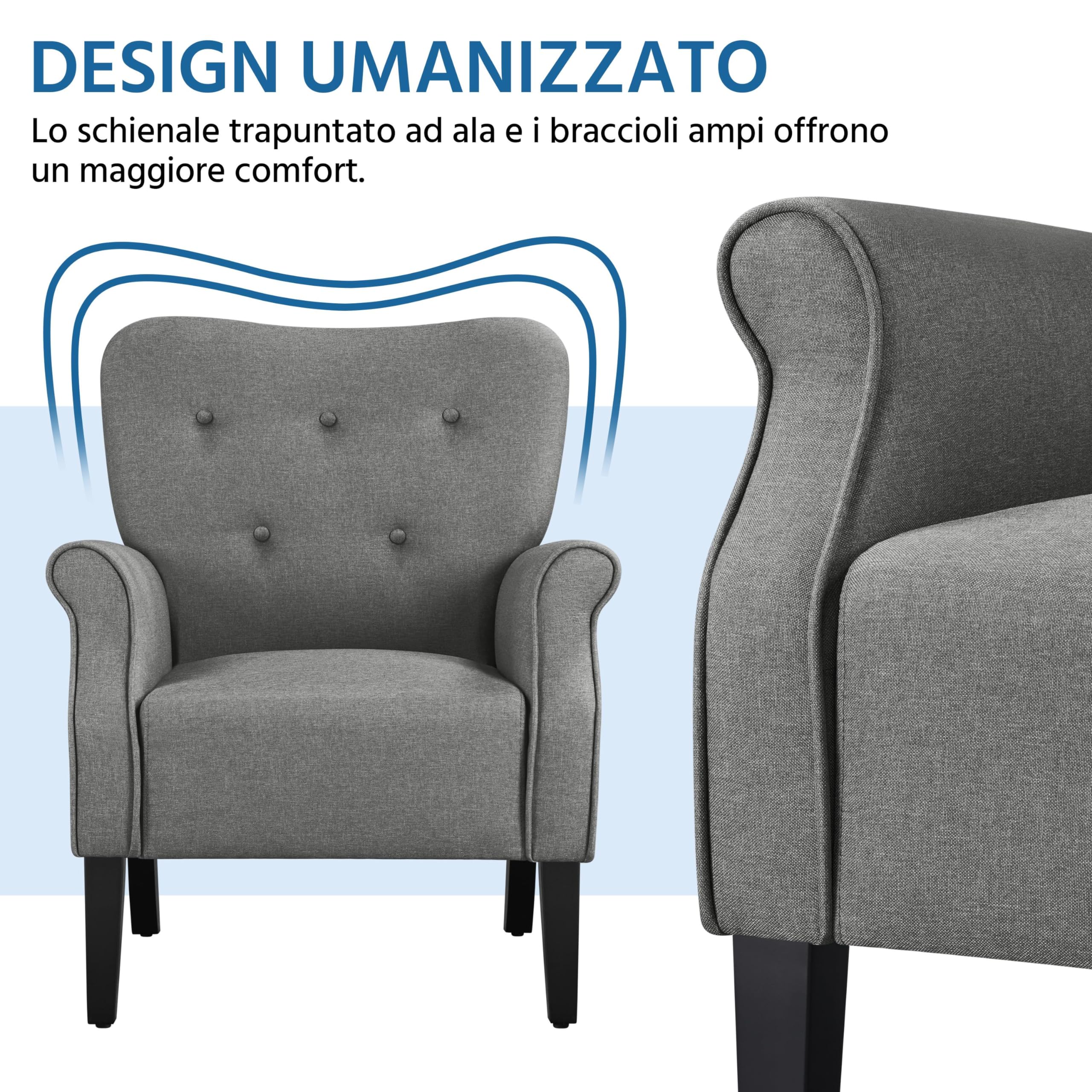 Yaheetech Poltrona da Salotto Moderna di Medioevo Divano Singolo per Soggiorno Gamba in Legno Poltrocina con Schienale Imbottito Grigio Scuro/Tessuto