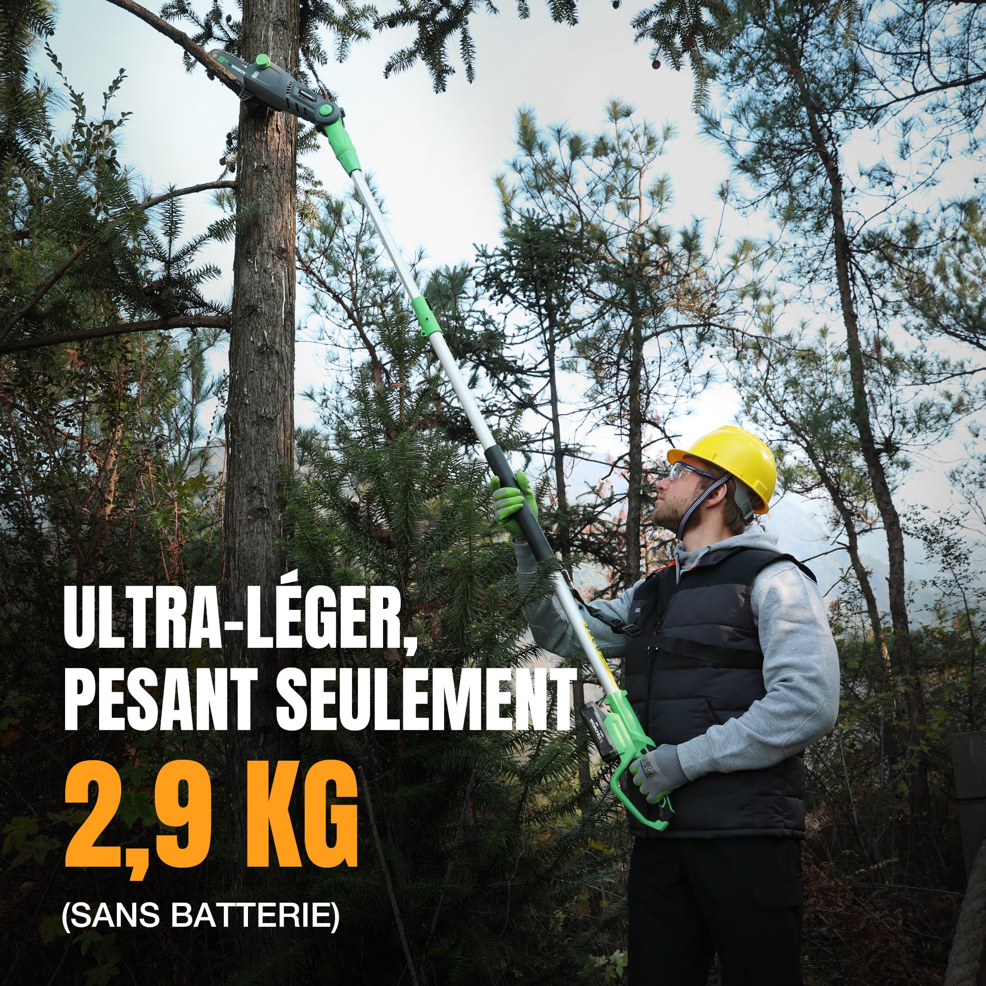 WORKPROX Élagueuse Télescopique sur Perche 20V pour Tailler Branches Hautes – Tronçonneuse à Batterie 4,0Ah, Extension Jusqu'à 4,5 m, Lame 20 cm, Angles de Tête Réglables, Lubrification Auto