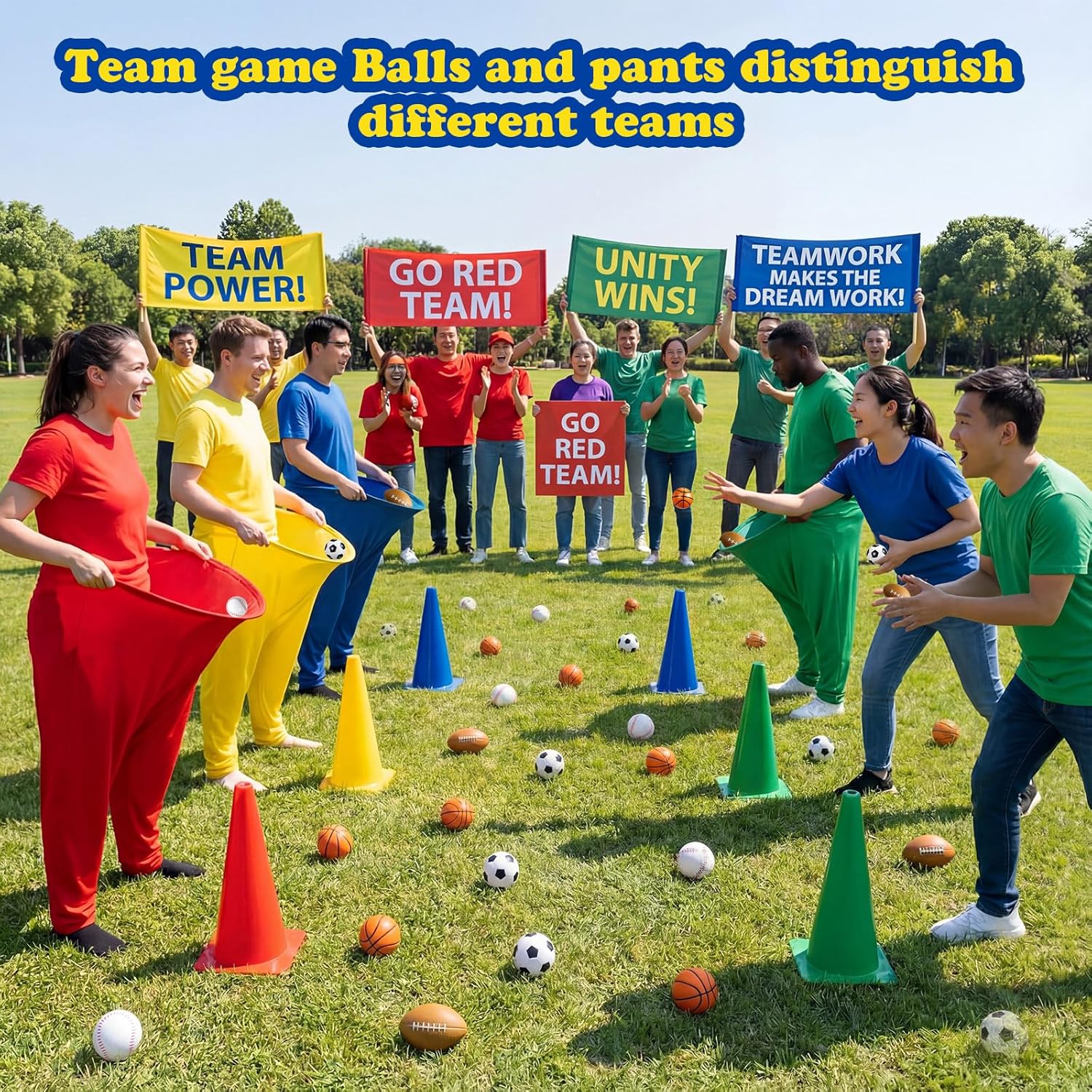 Leitee 4 Set Granny Pants Outdoor Game with 20 Pcs Bouncy Balls for Adults Oversized Colorful Granny Pant Yard Tossing Game with Basketball Baseball Football Soccer for Family Reunions Backyard Party