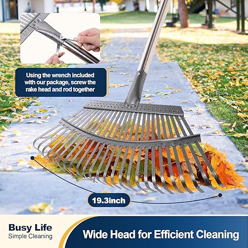 Miniatura 2 de Yocada Rastrillo de hojas de jardín de 19.3 pulgadas, ancho, resistente, ajustable, mango largo, rastrillo de jardín para hojas de césped (25