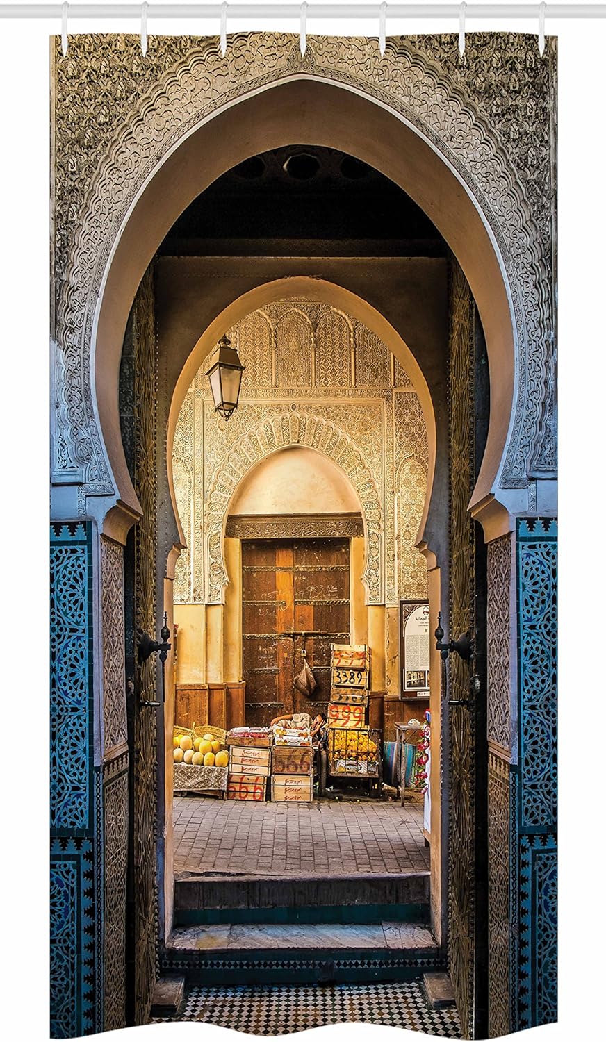 Ambesonne Moroccan Stall Shower Curtain, Typical Moroccan Door to Old Medina Mediterranean Historical Arch Entrance Art, Fabric Bathroom Decor Set with Hooks, 36" W x 72" L, Beige Blue