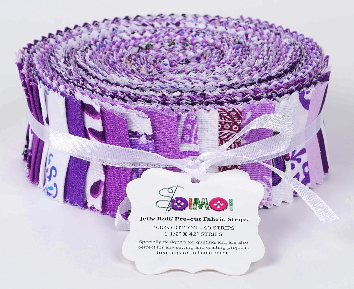 Soimoi 40Pcs Block Print Precut Fabrics Strips Roll Up 1.5x42inches Cotton Jelly Rolls for Quilting - Purple