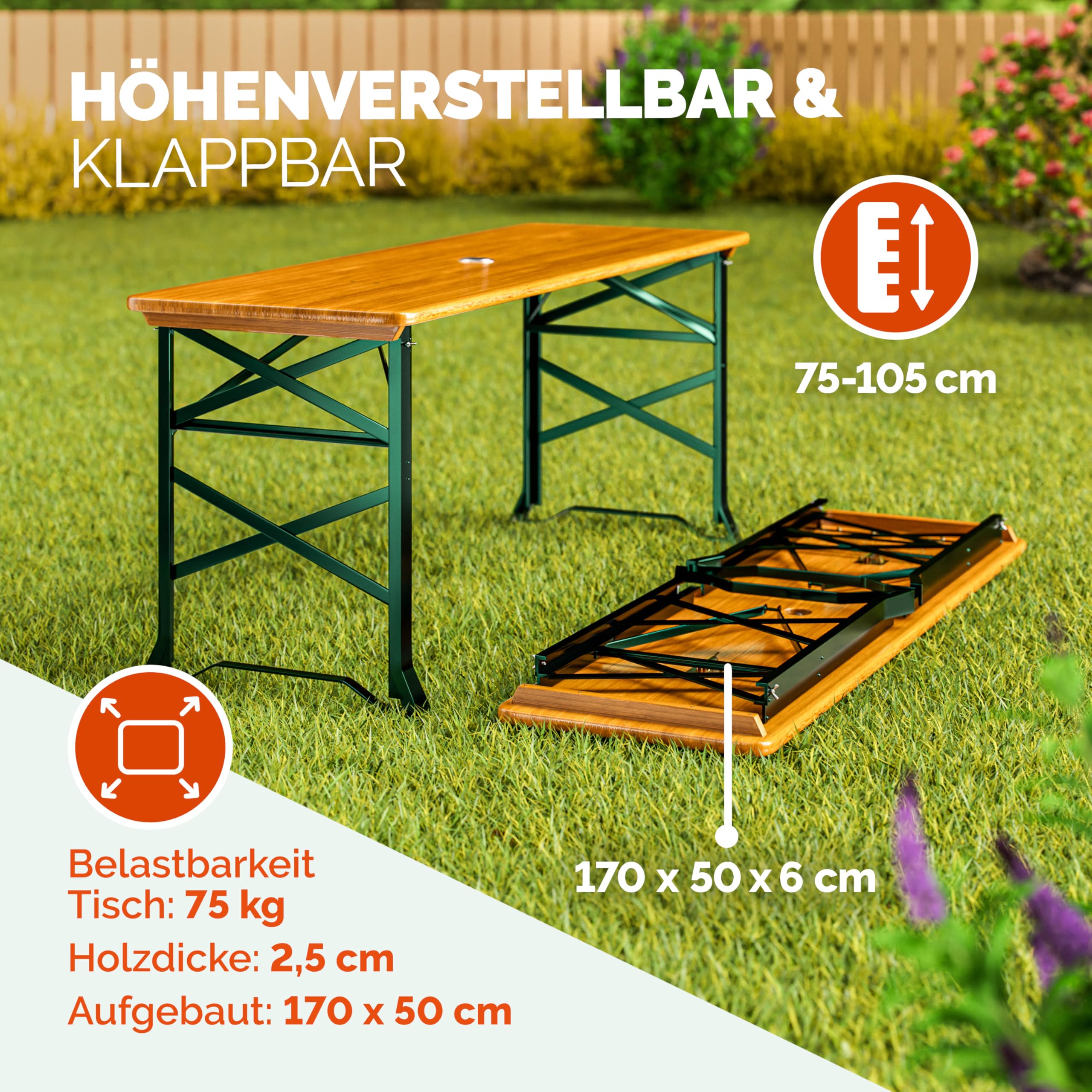 Deuba Bierzelttisch Höhenverstellbar Klappbar Hoch Outdoor Breit Holz XXL Buffettisch 170cm Bierzeltgarnitur Stehtisch Bartisch Partytisch Klapptisch