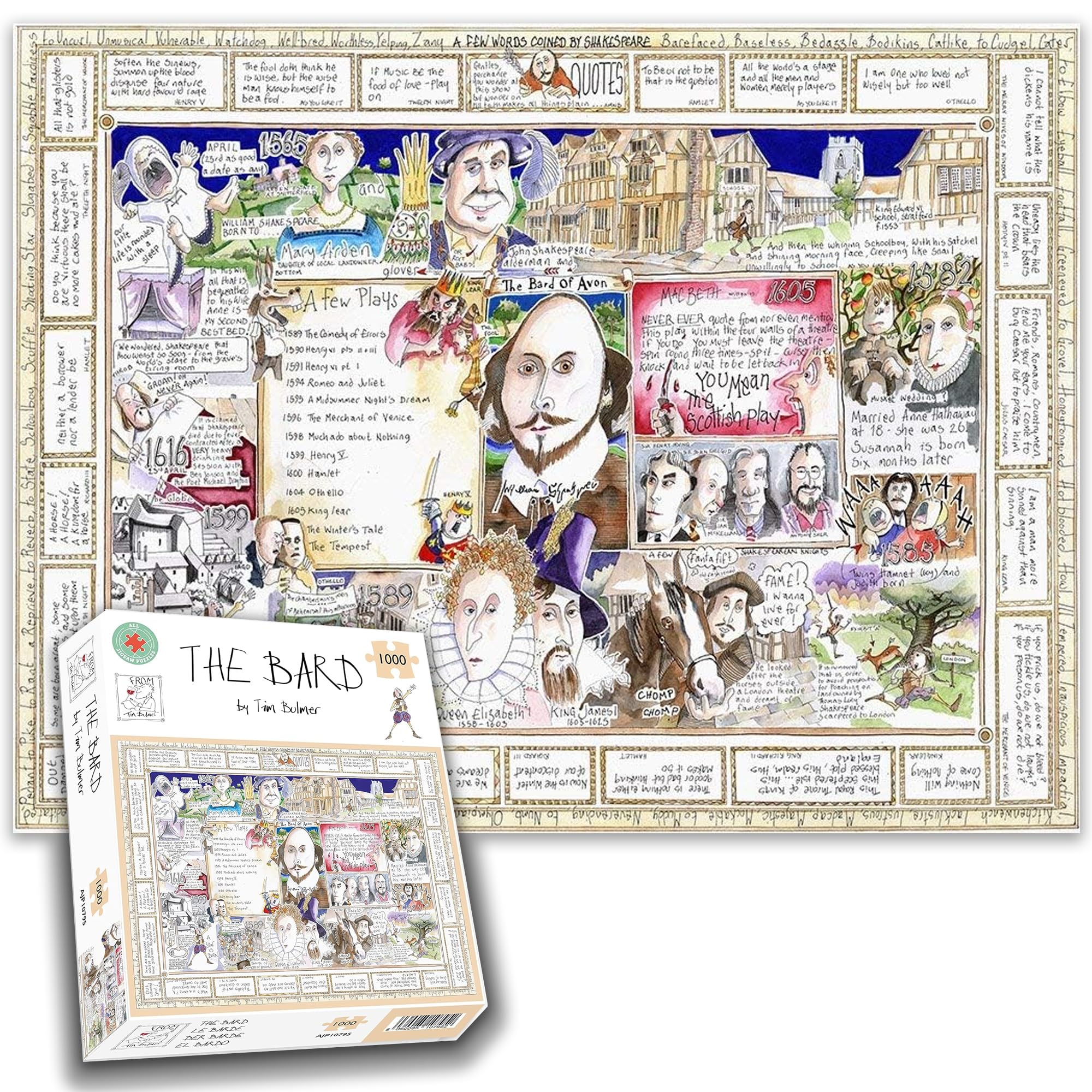 Shakespeare Jigsaw Puzzle - The Bard by Tim Bulmer - 1000 Piece Puzzle for Adults, Large Puzzle 66cm X 50cm in Size. Challenging to Complete But Fun and Humorous