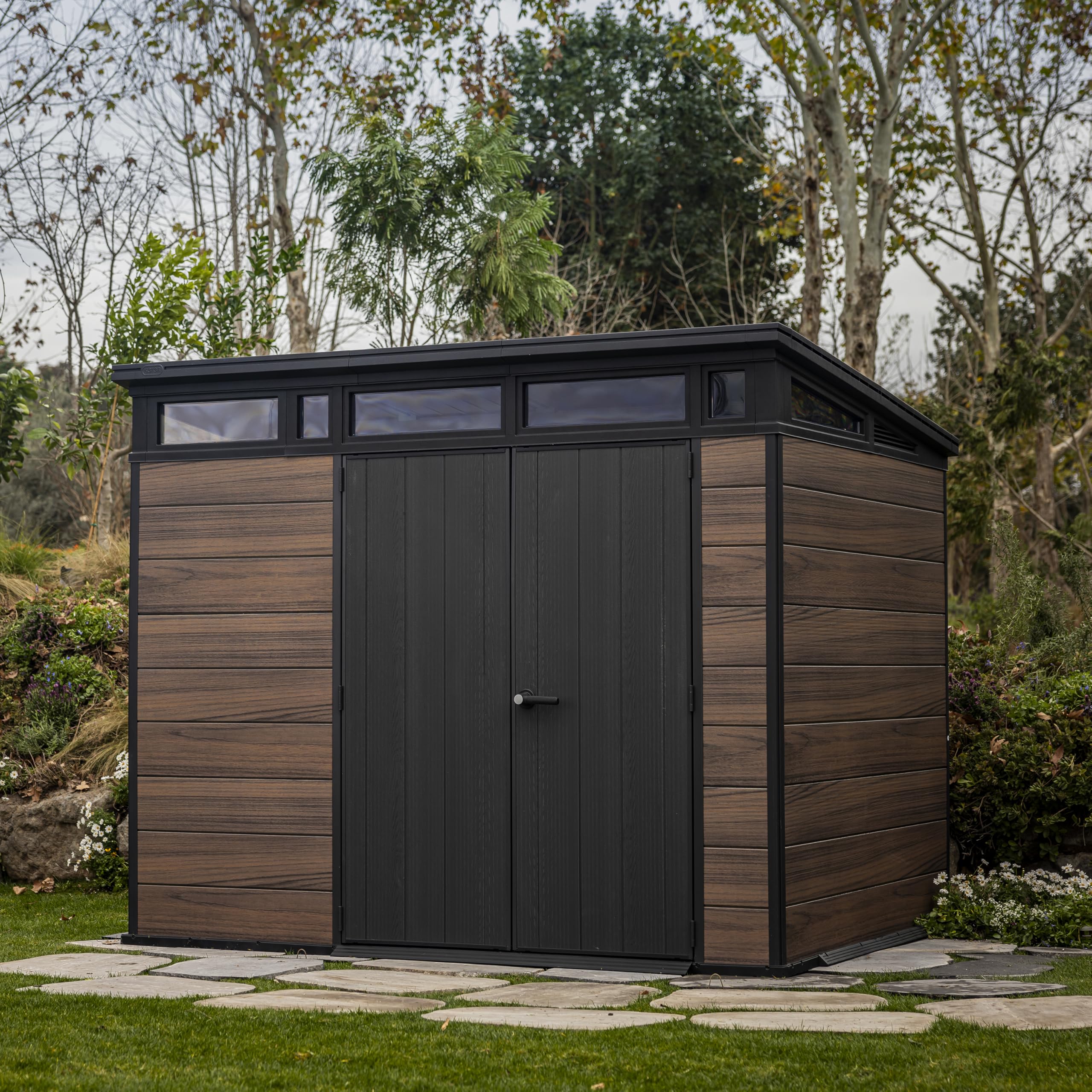 Keter Signature 9x7 Gerätehaus Kunststoff Rosenholz-Optik 277x218x226 cm abschließbar mit Bodenplatte