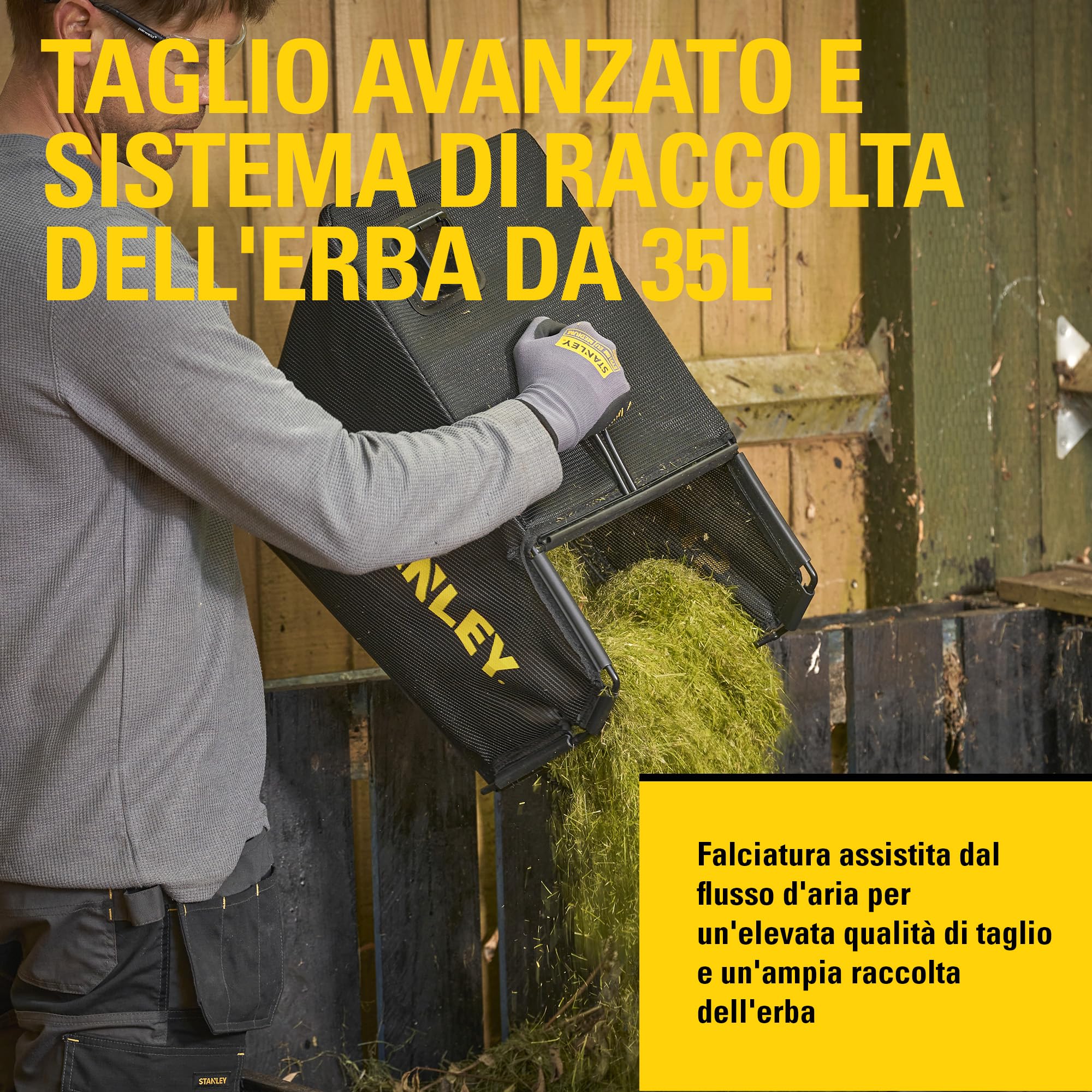 STANLEY V20 Cordless Brushless 34cm Walk-Behind Mower, include batteria Li-Ion 4Ah e caricatore 2A, 18V, SCMWP3401M1-QW