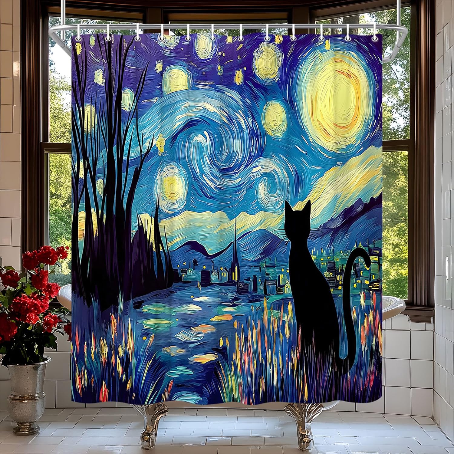 Funny Starry Night Black Cat Shower Curtain Abstract Oil Painting Kitten Moon Stars Mountain Forest Modern Art Bath Curtain Fabric Bathroom Accessories Decor with Hooks 90W x70L