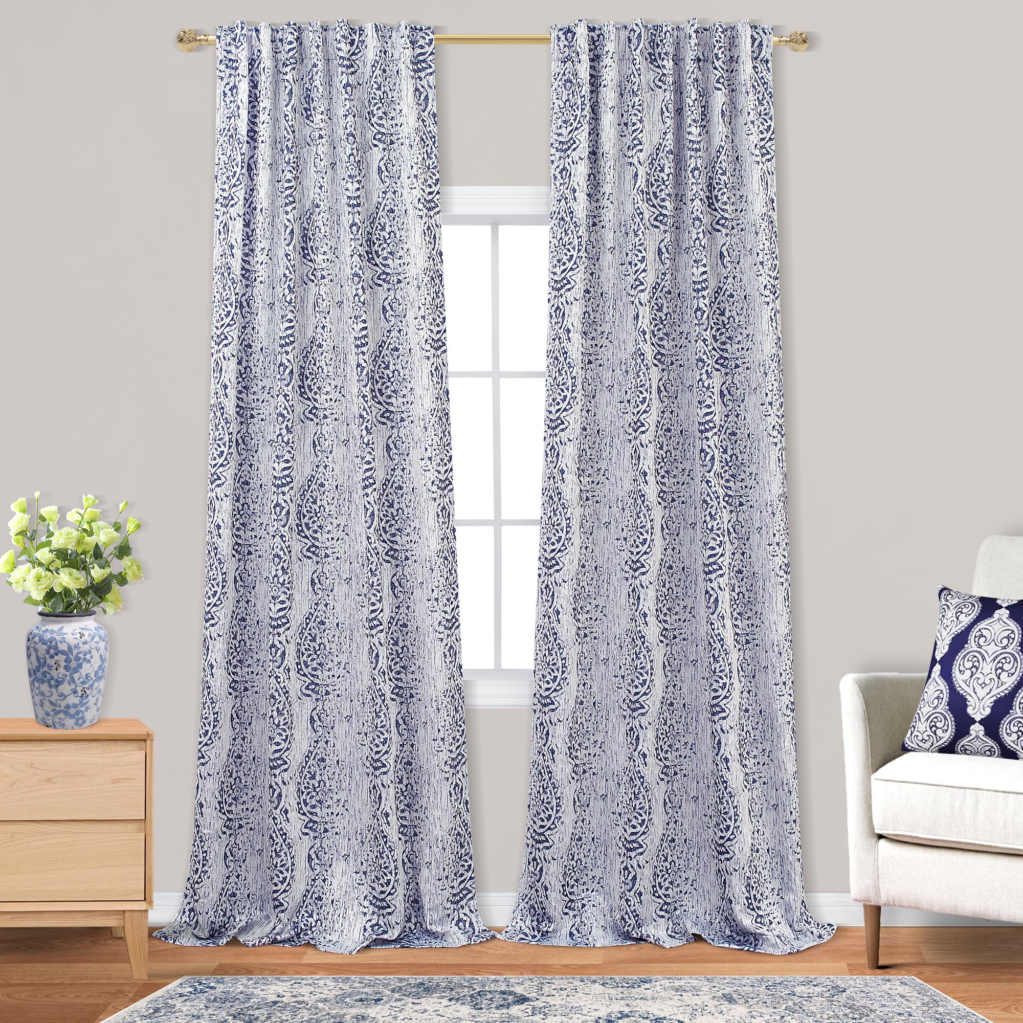 102 Inch Long 2 Panels Curtain Sets for Living Room,Boho Pattern 50% Blackout Black Out Darkening Light Filtering Back Tab Patterned Print Bedroom