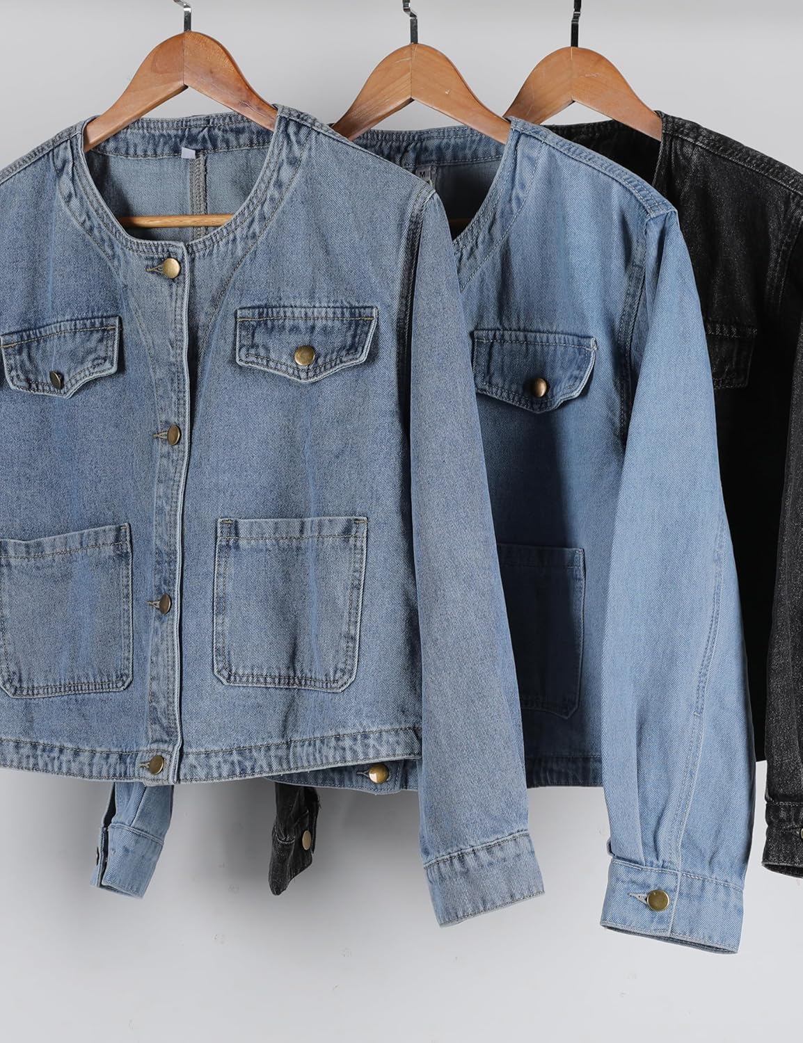 Omoone Women's Denim Jacket Long Sleeve Crop Button Down Collarless Jean Jacket Coat with Pockets - Image 6