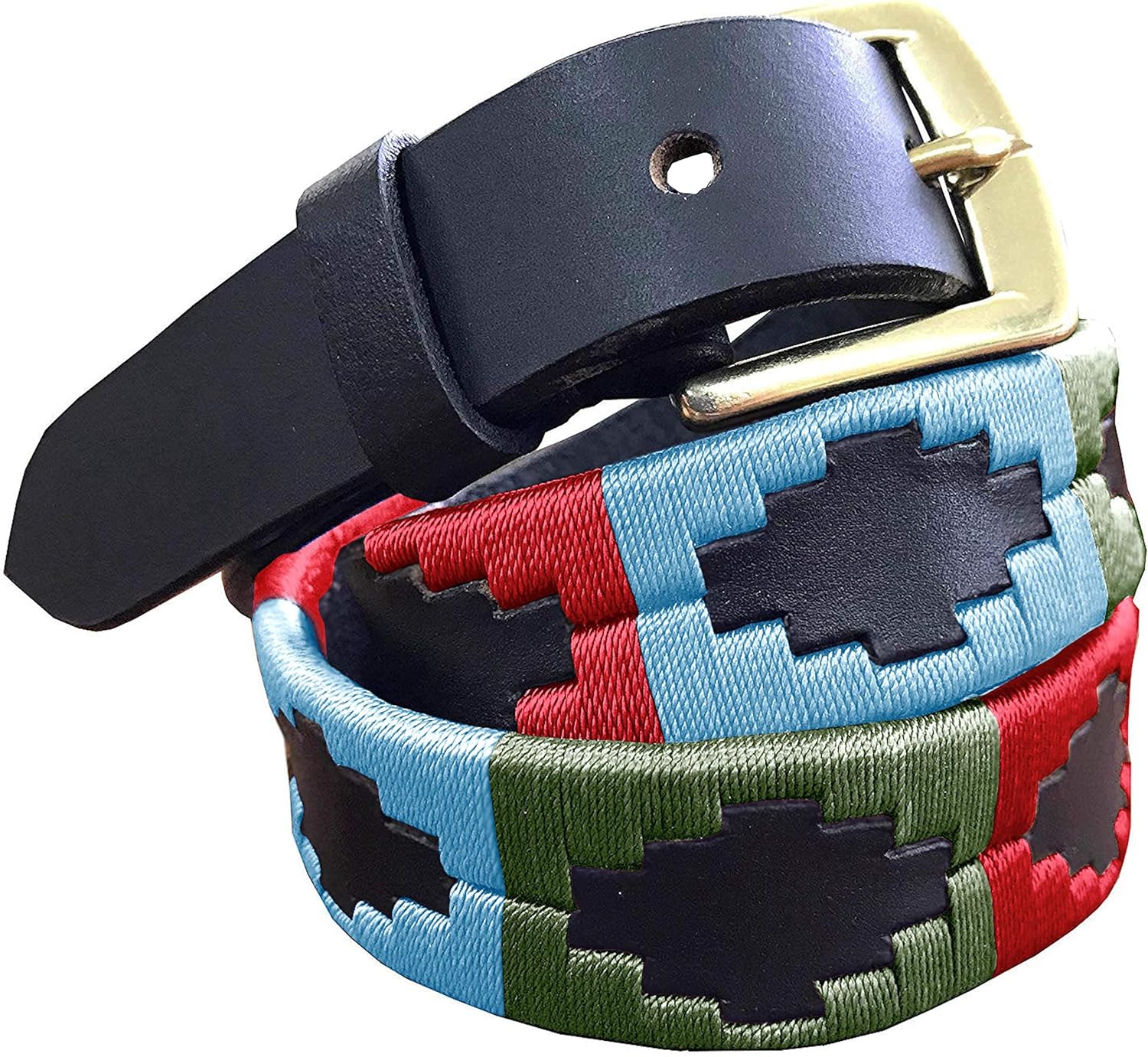 CARLOS DIAZ Skinny Mens Womens Unisex Brown Leather Embroidered Polo Belt