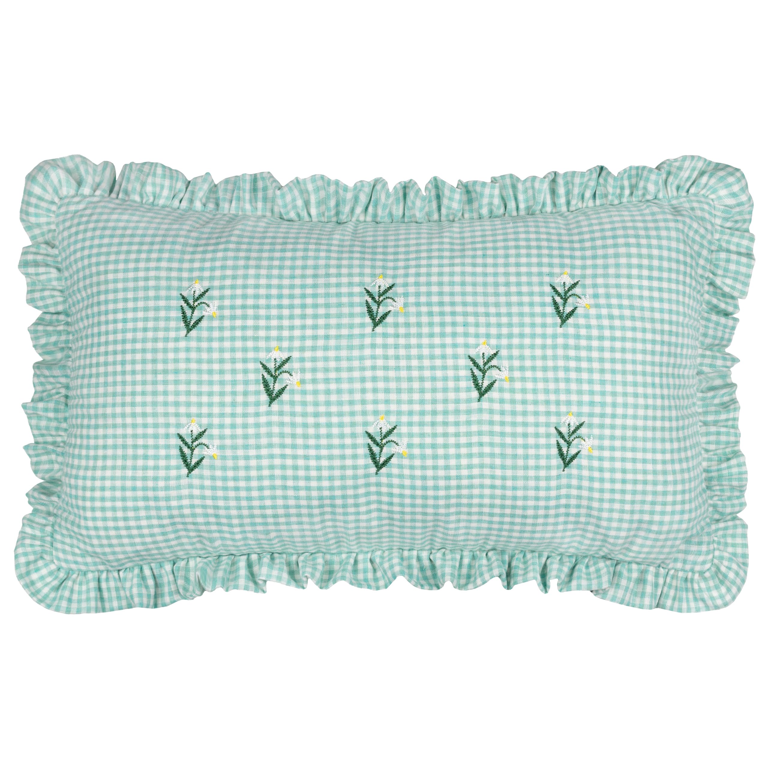 furn. Les Petite Fleurs Cushion Cover – Embroidered Floral Ruffle Trim Gingham Decorative Case (Spring Green – 30x50cm)