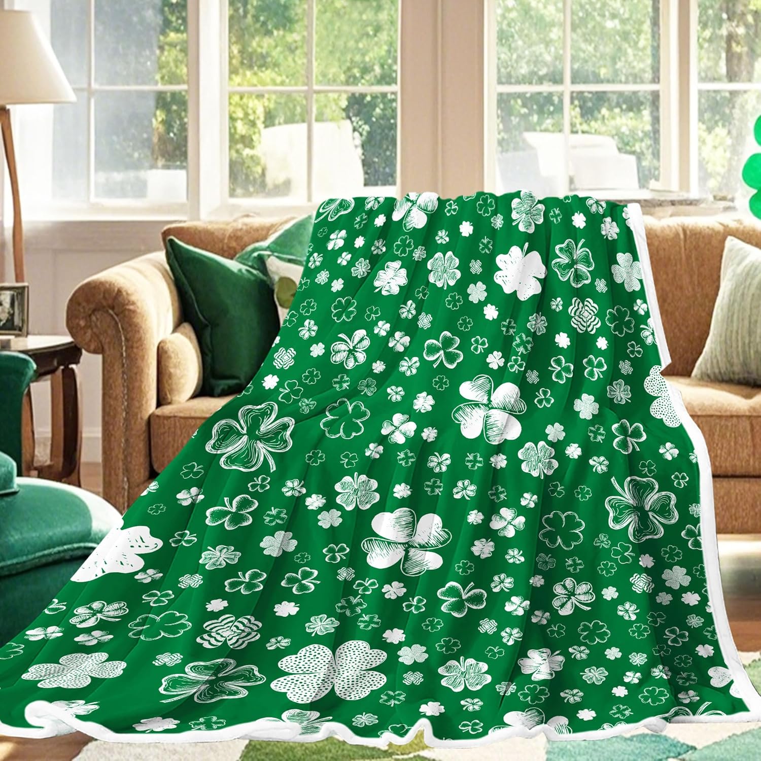St Patricks Day Shamrocks Throw Blanket, Irish Green Clovers and Shamrocks Soft Cozy Blankets and Throws, Spring Holiday Blanket Decorations for Bed Couch Living Room Sofa, 60X80IN